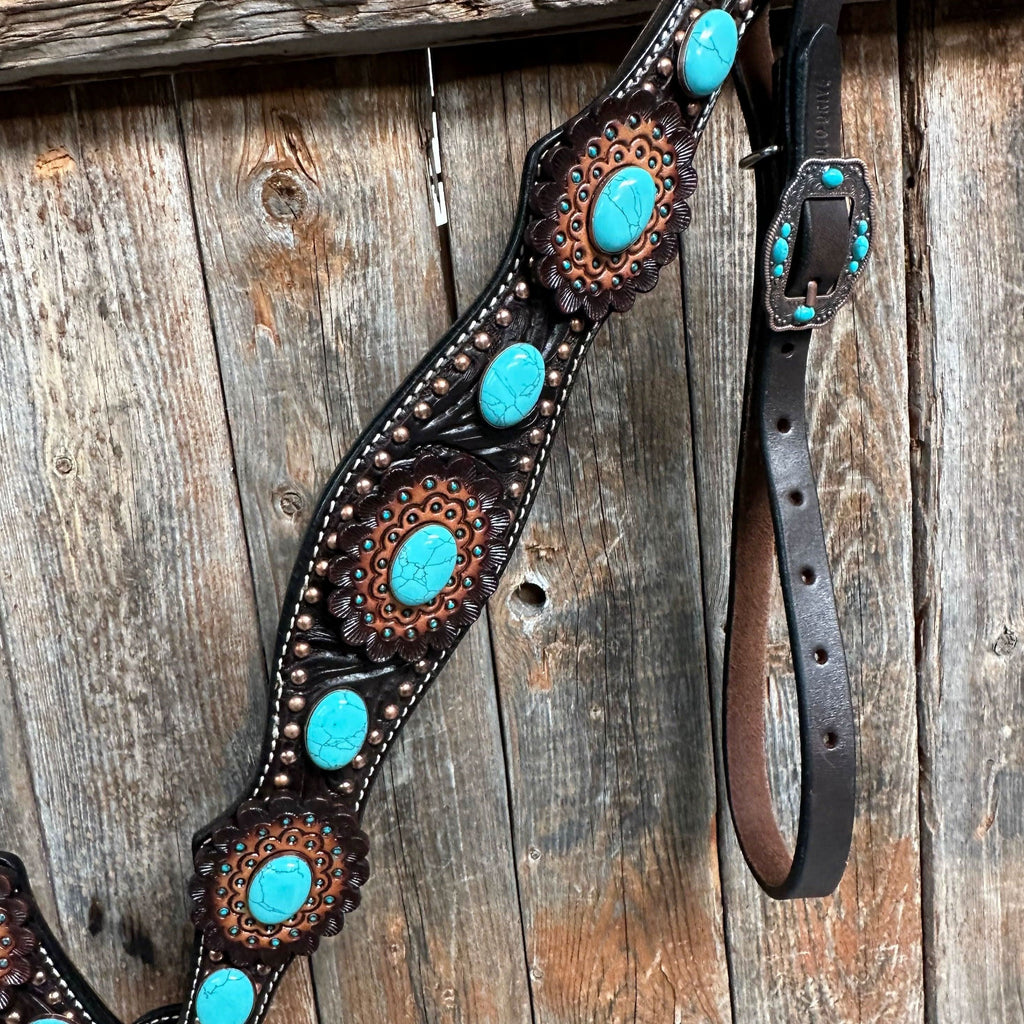 Dark Oil Floral Copper Dot Turquoise Cabochon Browband / Breastcollar Tack Set #BBBC508
