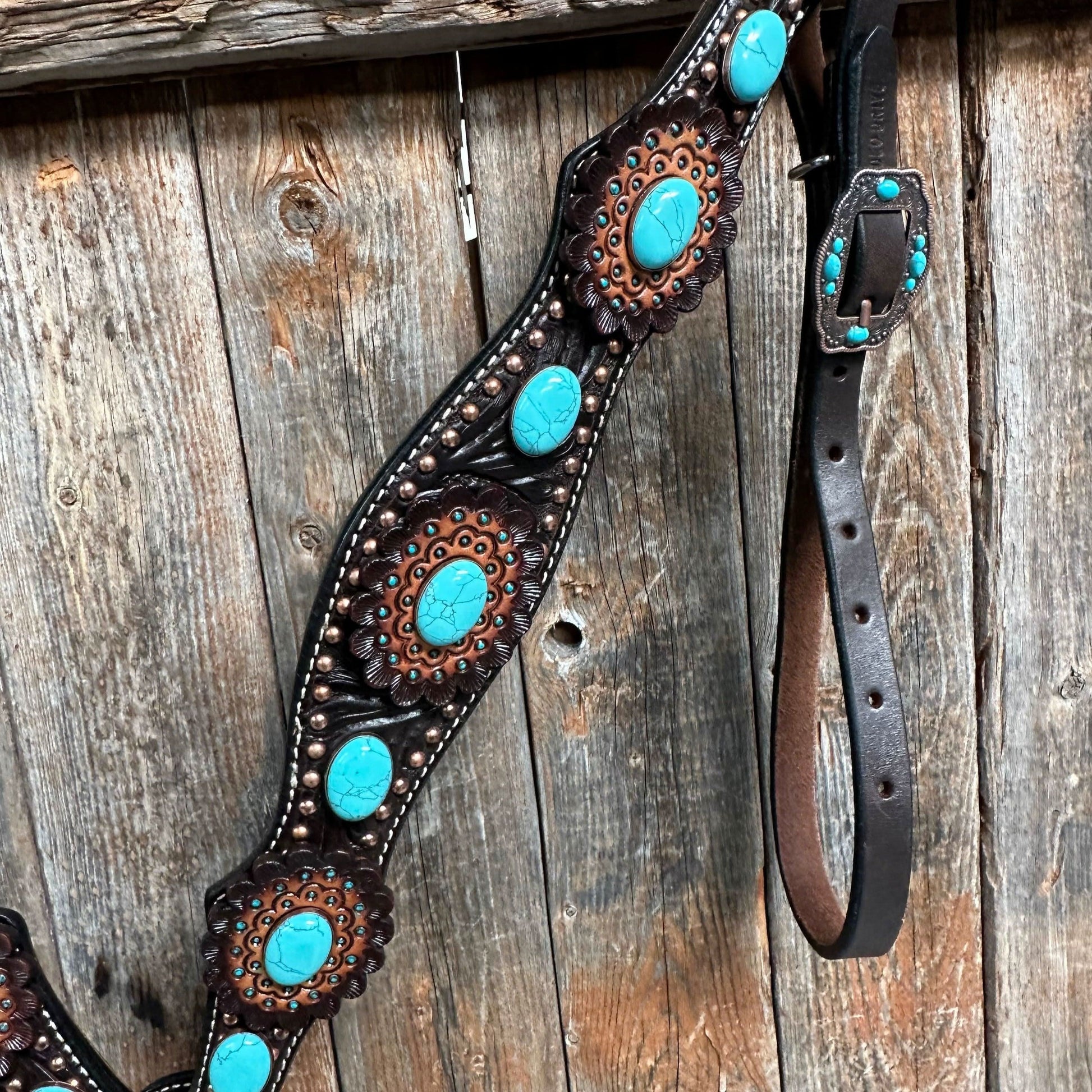 Dark Oil Floral Copper Dot Turquoise Cabochon Browband / Breastcollar Tack Set #BBBC508