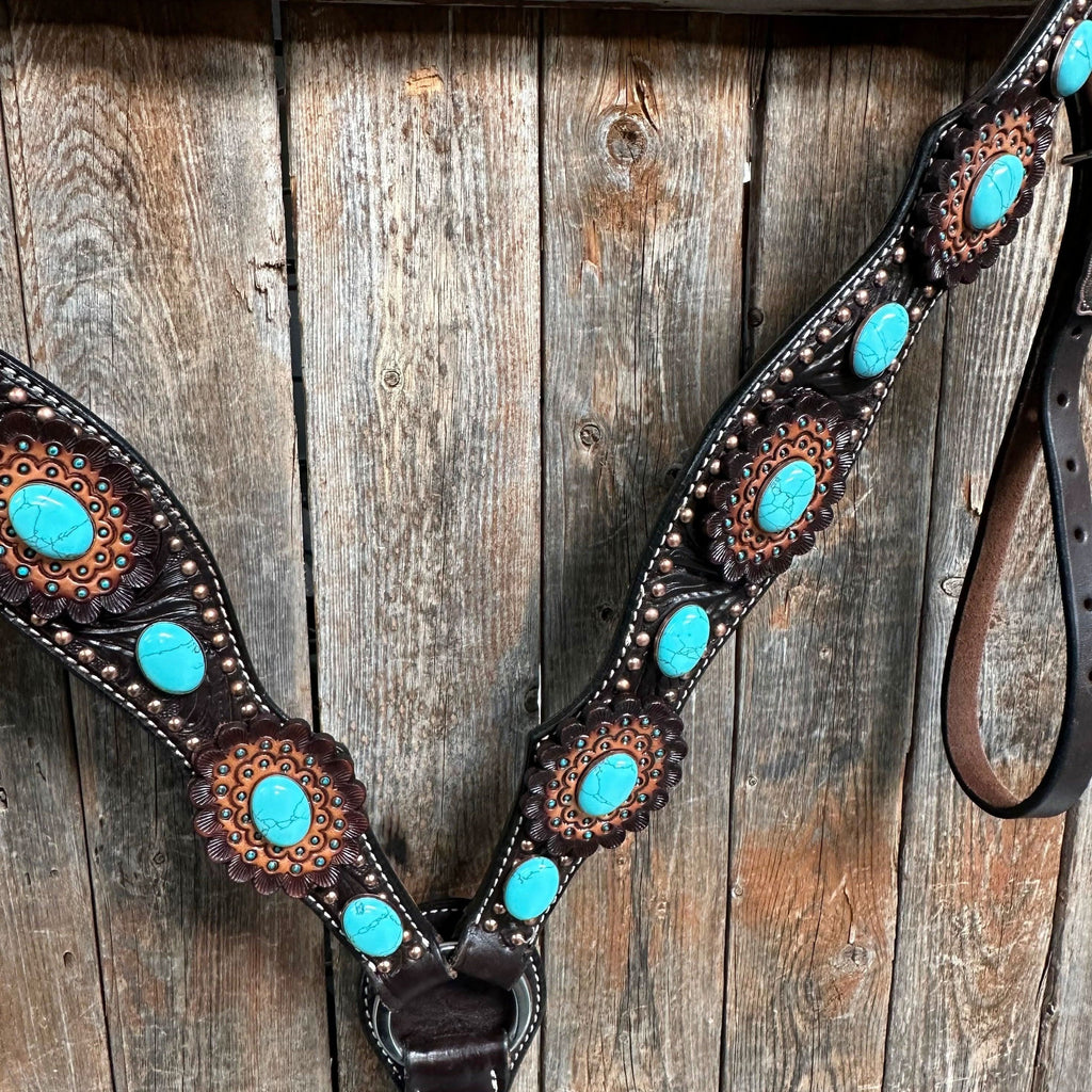 Dark Oil Floral Copper Dot Turquoise Cabochon Browband / Breastcollar Tack Set #BBBC508
