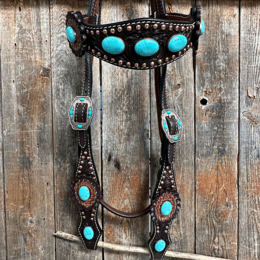 Dark Oil Floral Copper Dot Turquoise Cabochon Browband / Breastcollar Tack Set #BBBC508
