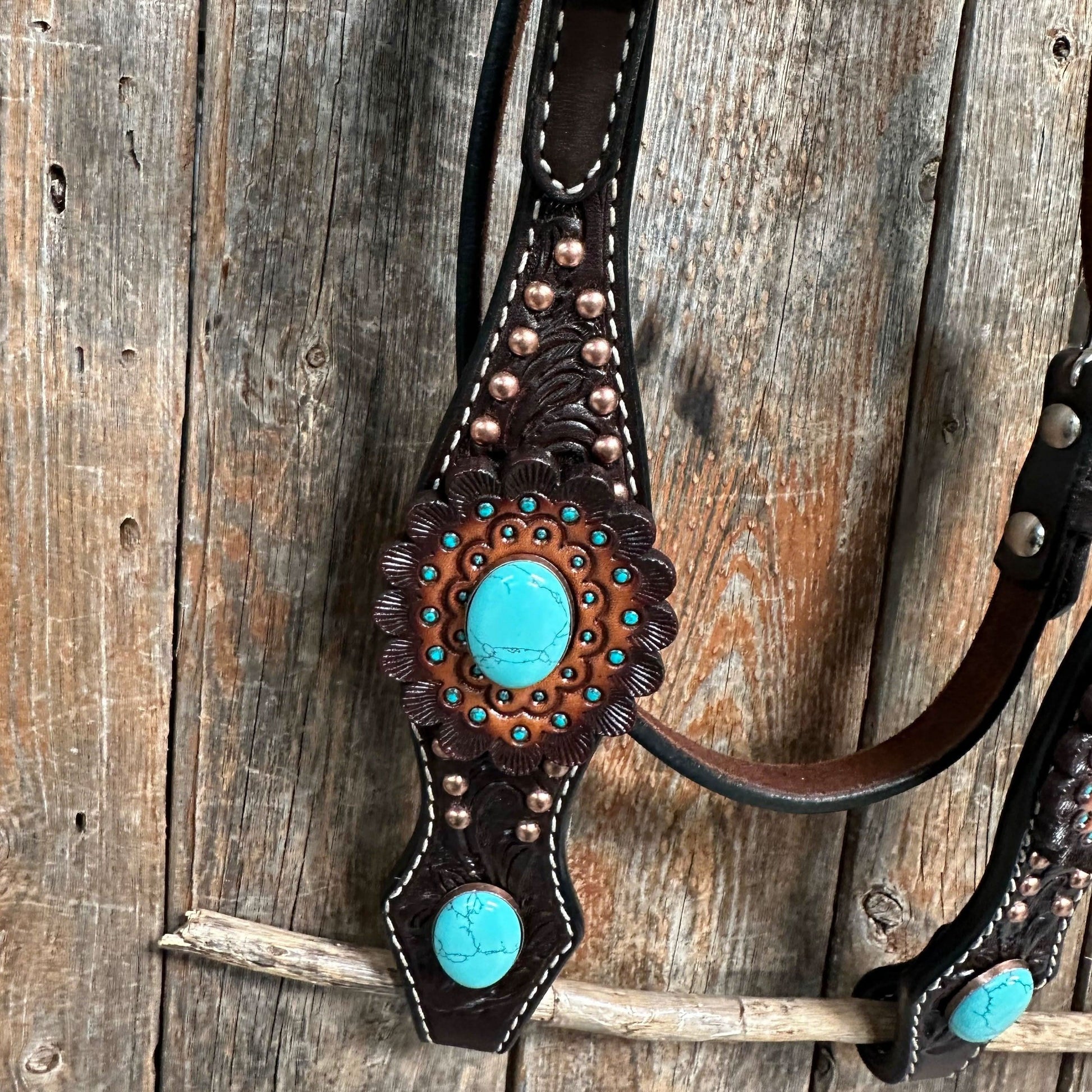 Dark Oil Floral Copper Dot Turquoise Cabochon Browband / Breastcollar Tack Set #BBBC508