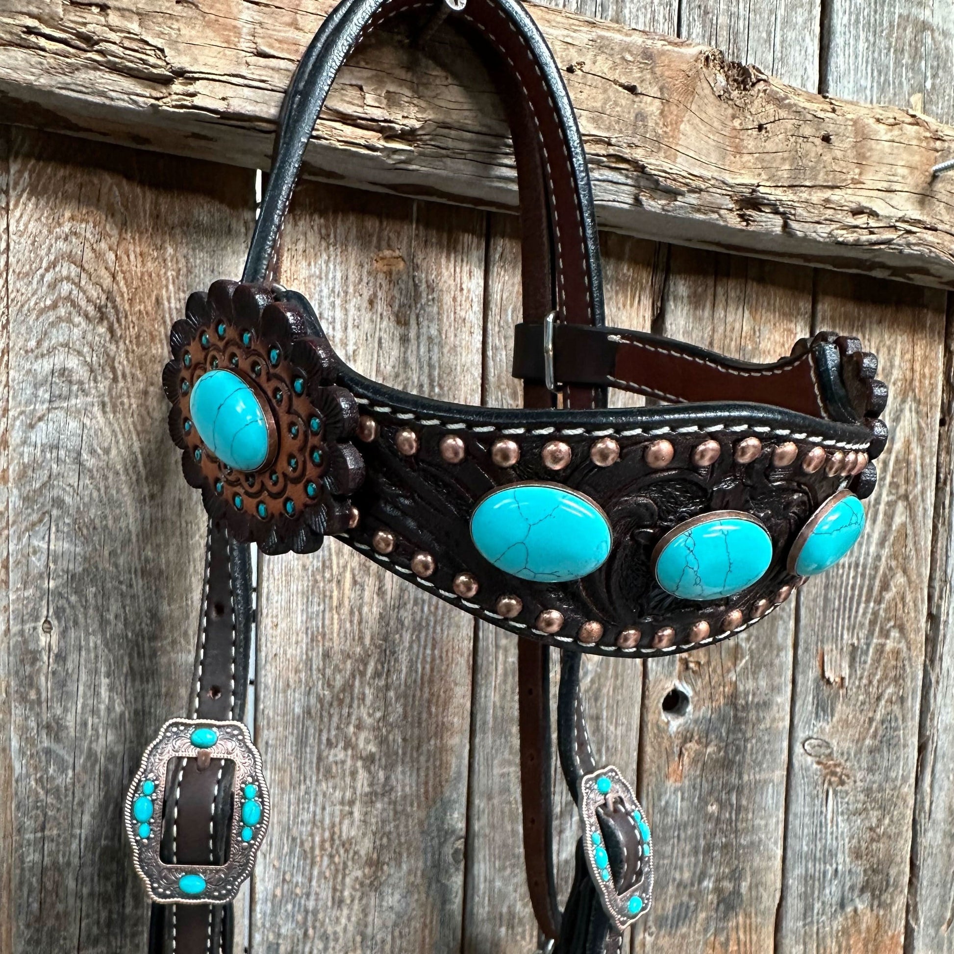 Dark Oil Floral Copper Dot Turquoise Cabochon Browband / Breastcollar Tack Set #BBBC508