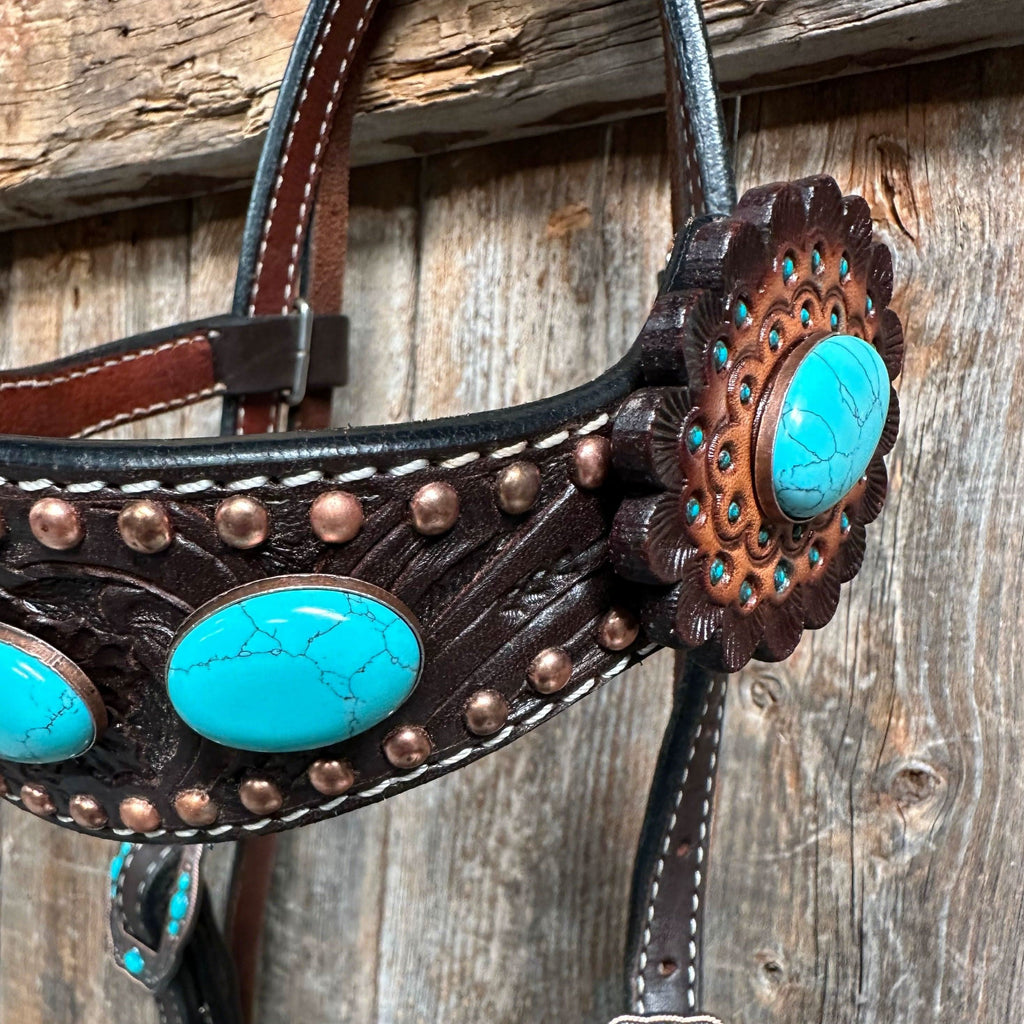 Dark Oil Floral Copper Dot Turquoise Cabochon Browband / Breastcollar Tack Set #BBBC508