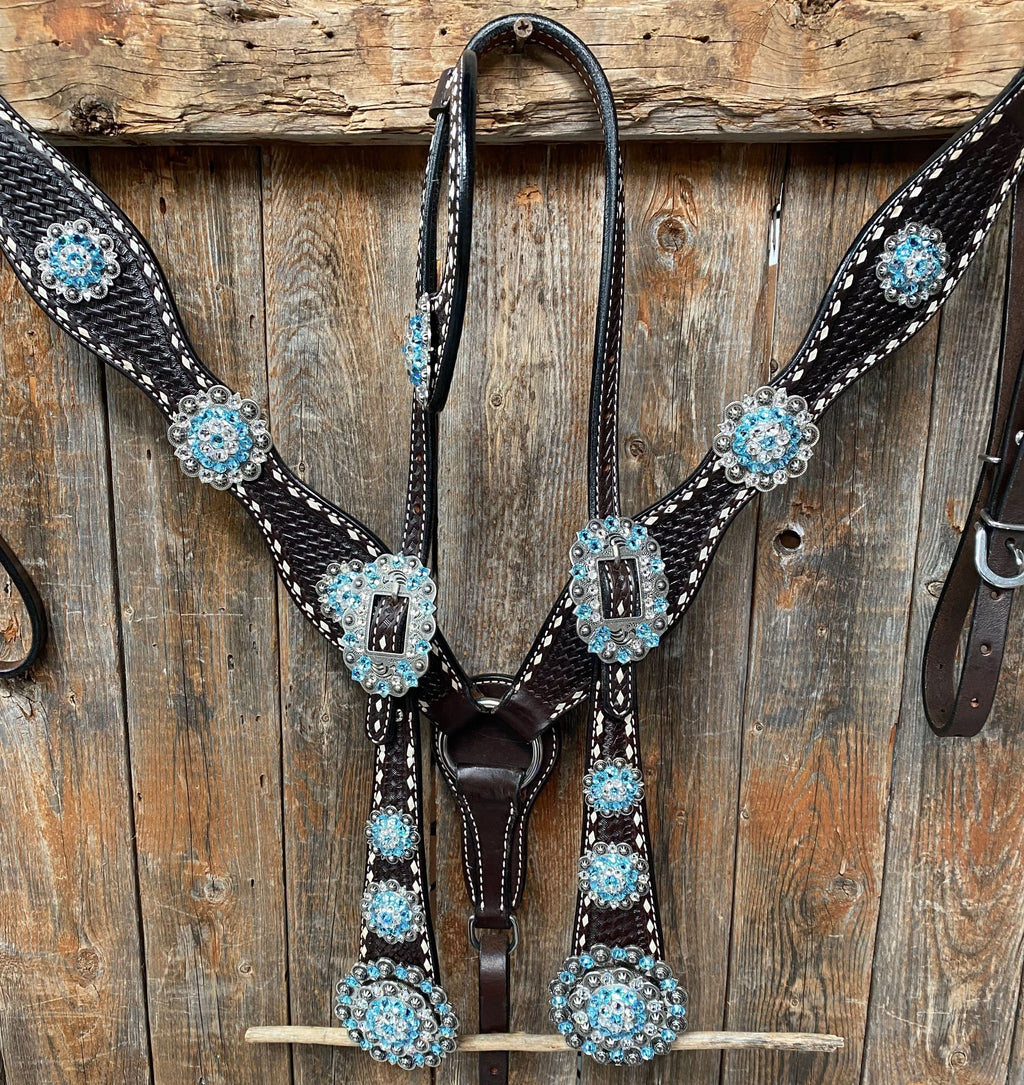 Dark Oil Buckstitch Aqua and Clear One Ear & Breastcollar Tack Set #OEBC439