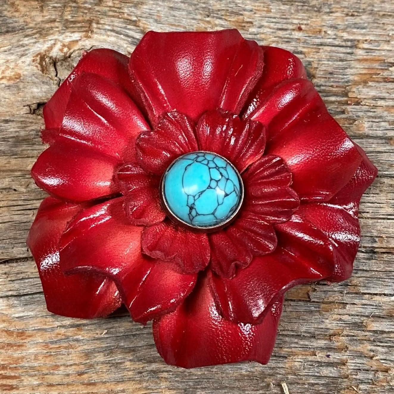 Red Carnation Flower With Round Turquoise Cabochon