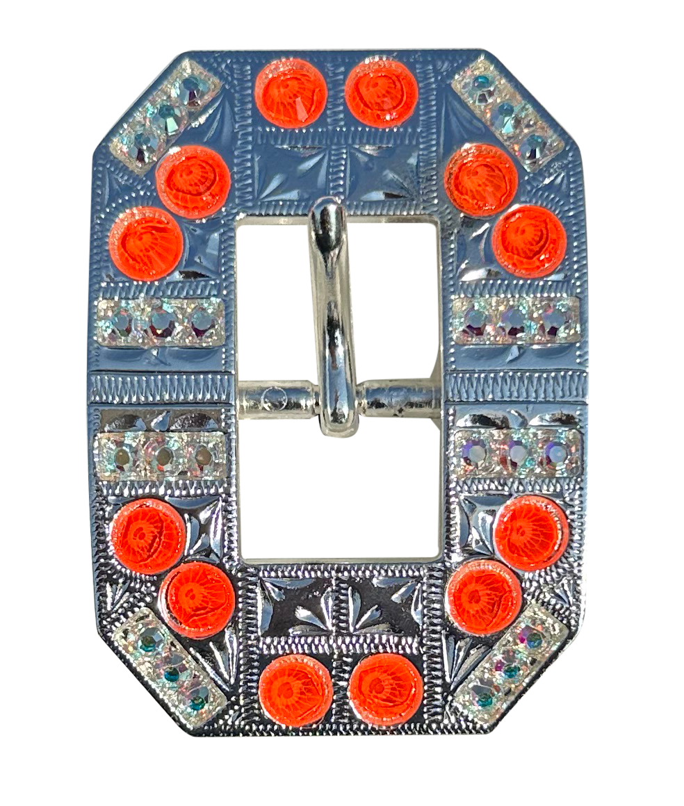 Neon Orange and AB  Bright Silver European Crystal Square Cart Buckle