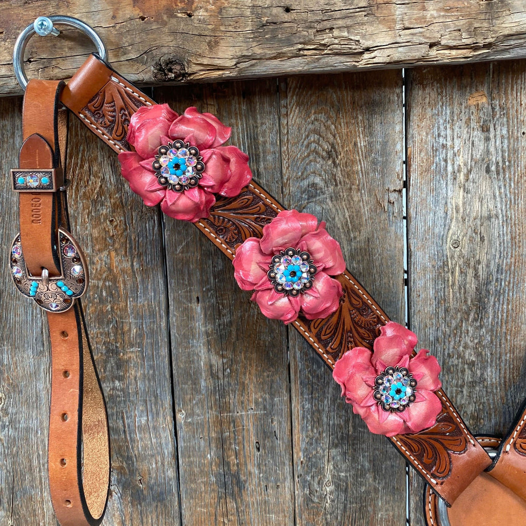 Honey Colored Floral Pink and Turquoise Tack Set  #BBBC545