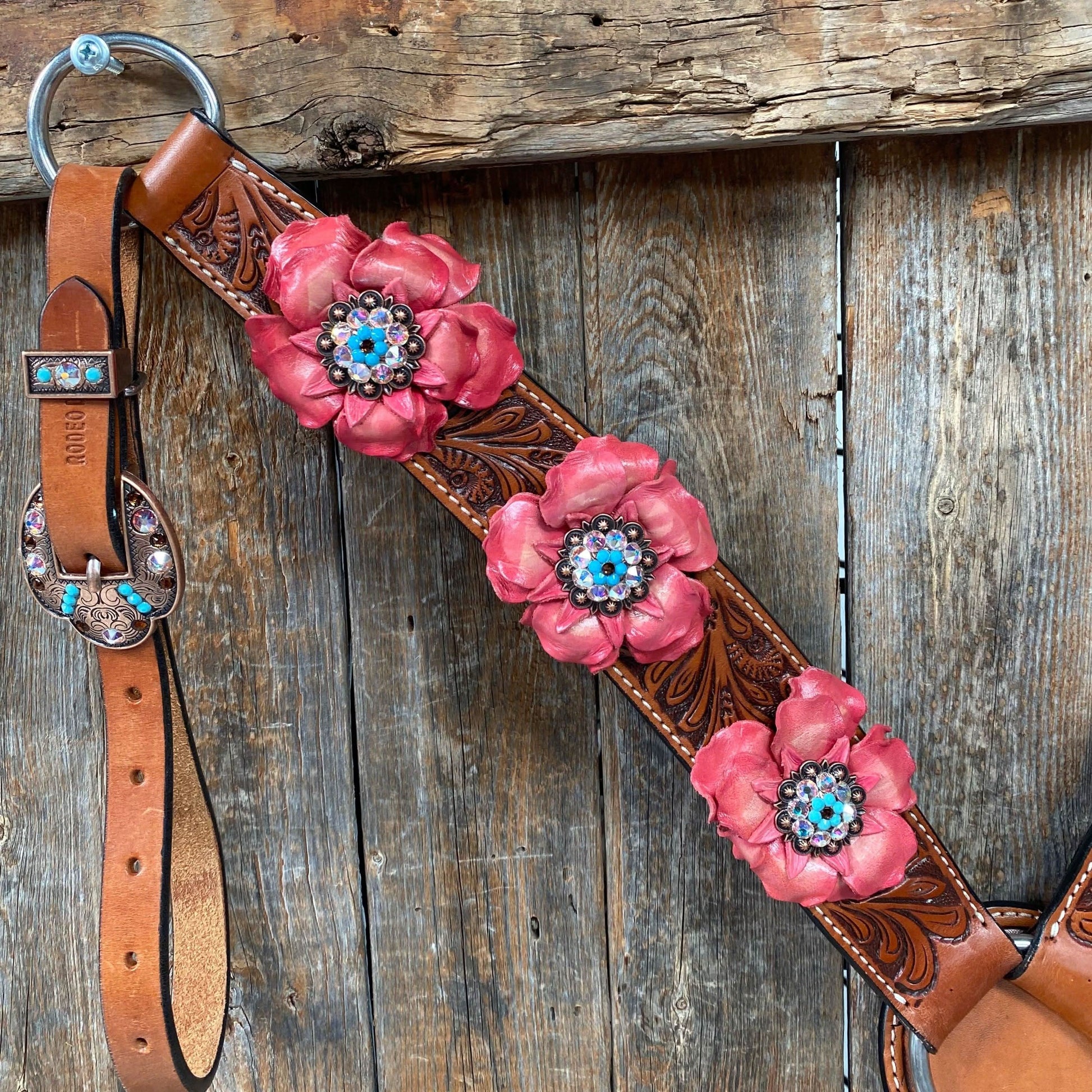 Honey Colored Floral Pink and Turquoise Tack Set  #BBBC545