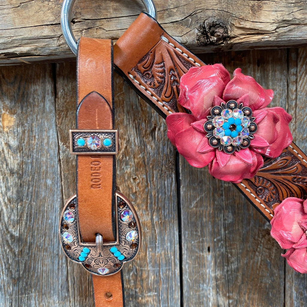 Honey Colored Floral Pink and Turquoise Tack Set  #BBBC545