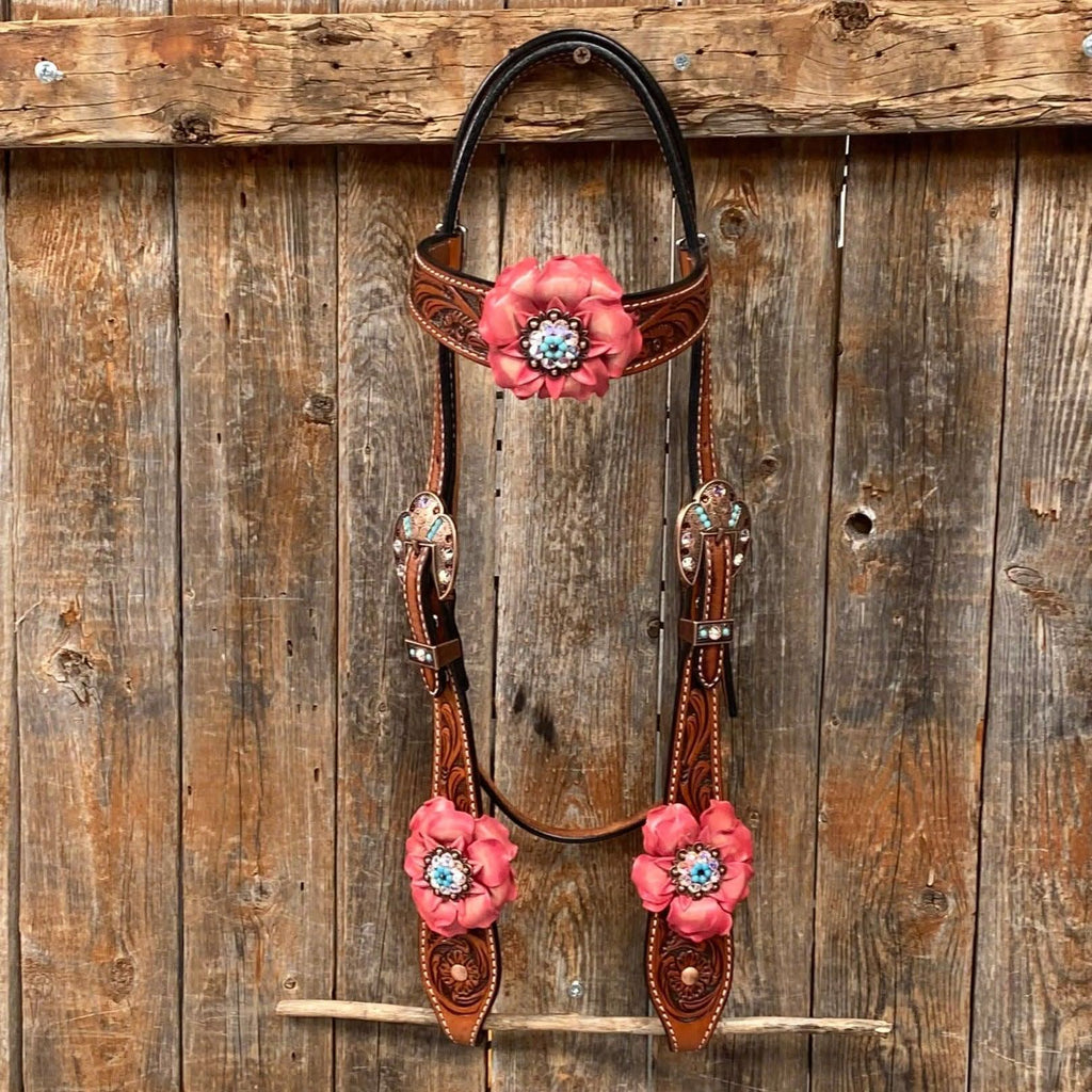 Honey Colored Floral Pink and Turquoise Tack Set  #BBBC545