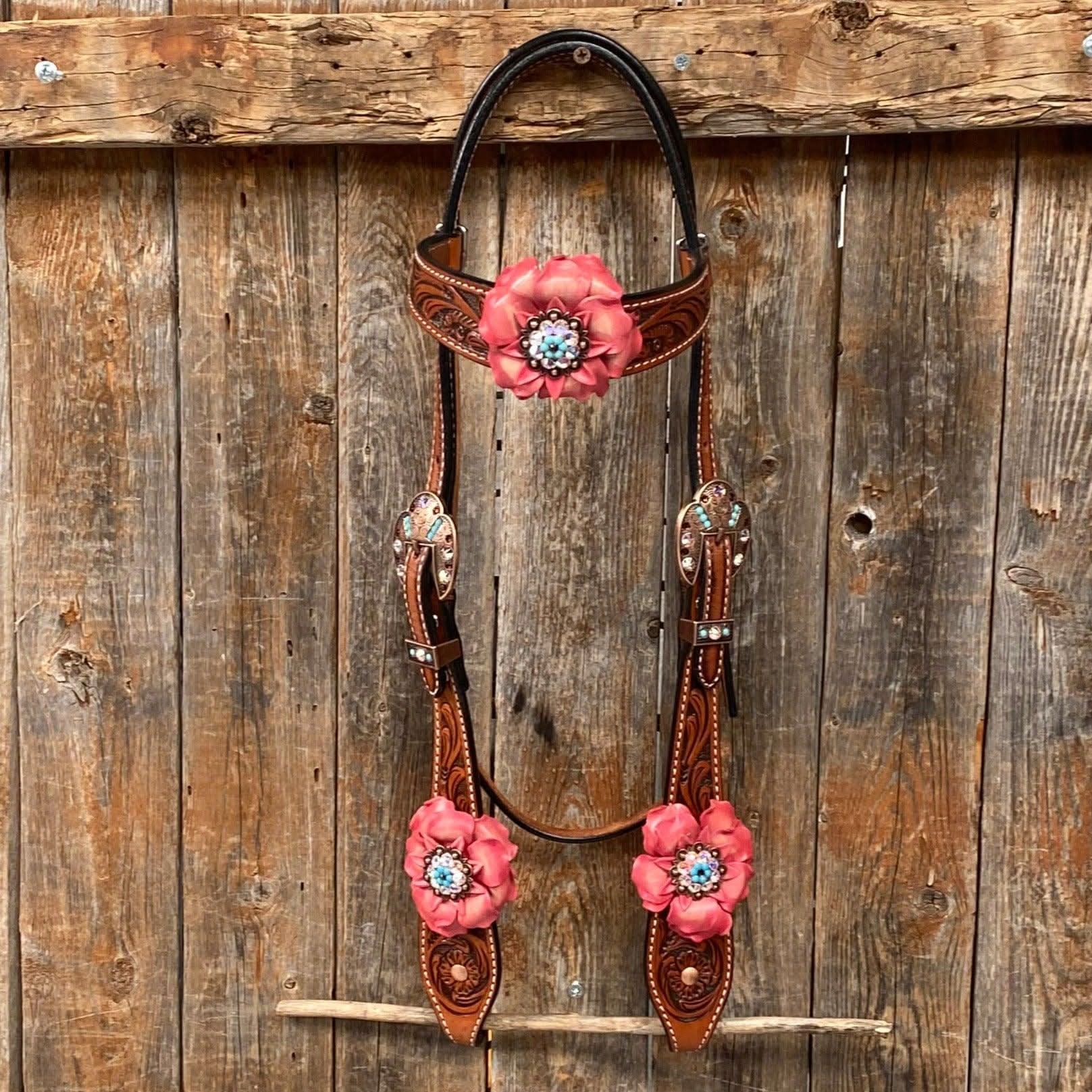 Honey Colored Floral Pink and Turquoise Tack Set  #BBBC545