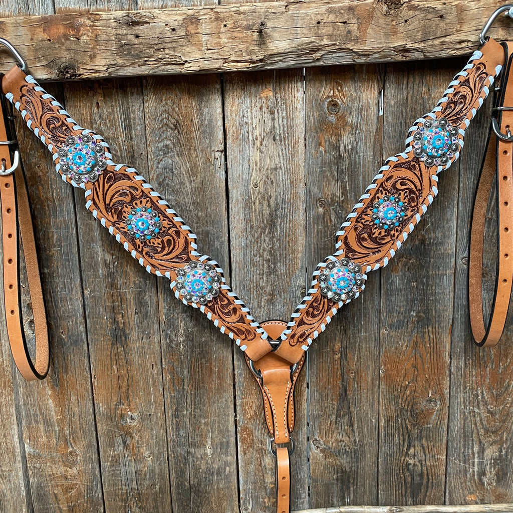 Whipstitch Turquoise & AB Browband/One Ear Tack Set with Wither Strap  #BBBC463