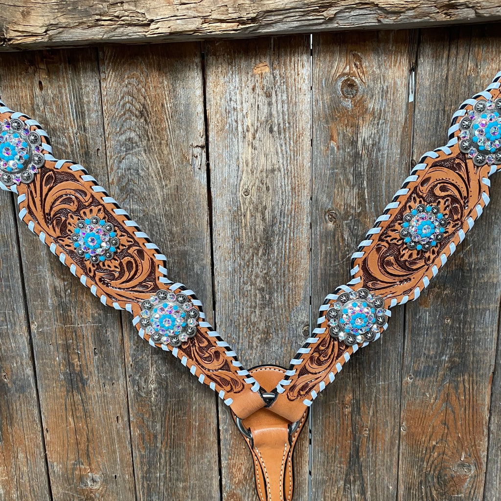 Whipstitch Turquoise & AB Browband/One Ear Tack Set with Wither Strap  #BBBC463