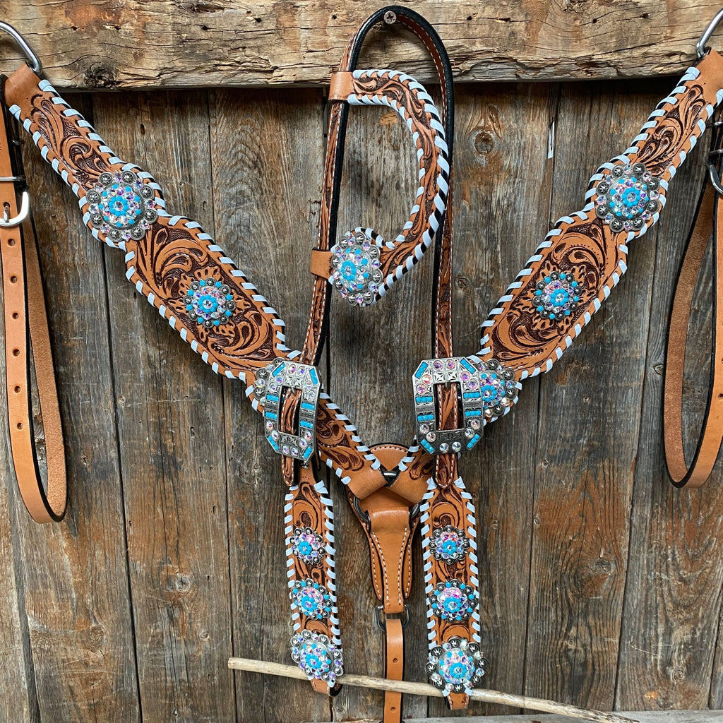 Whipstitch Turquoise & AB Browband/One Ear Tack Set with Wither Strap  #BBBC463