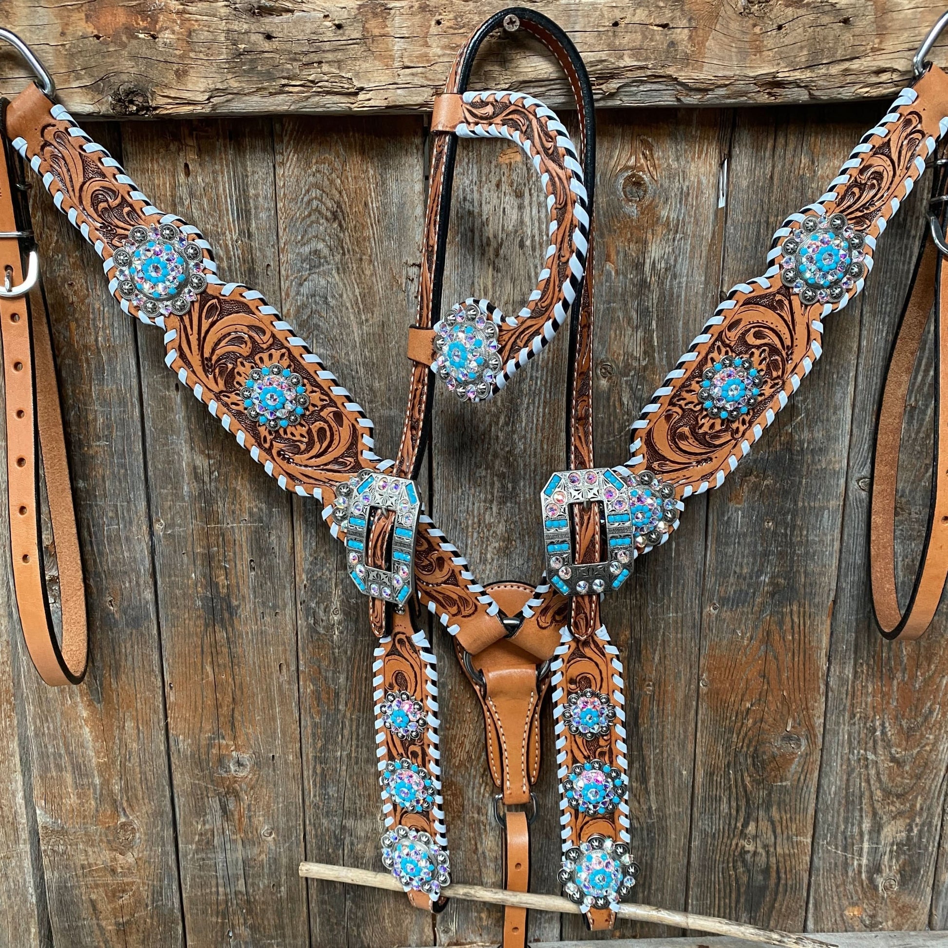 Whipstitch Turquoise & AB Browband/One Ear Tack Set with Wither Strap  #BBBC463