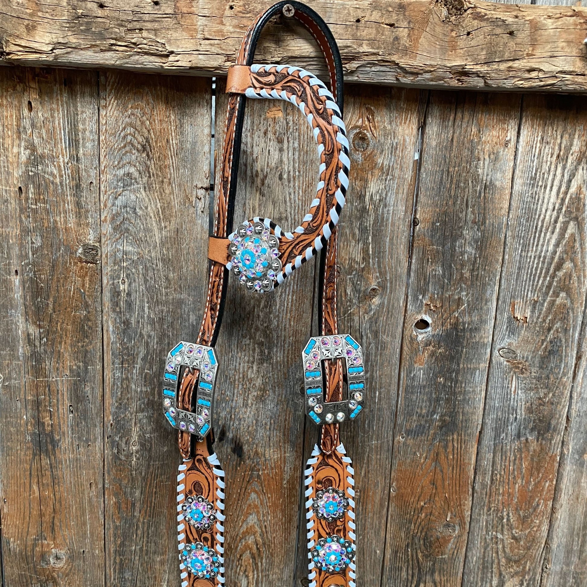 Whipstitch Turquoise & AB Browband/One Ear Tack Set with Wither Strap  #BBBC463