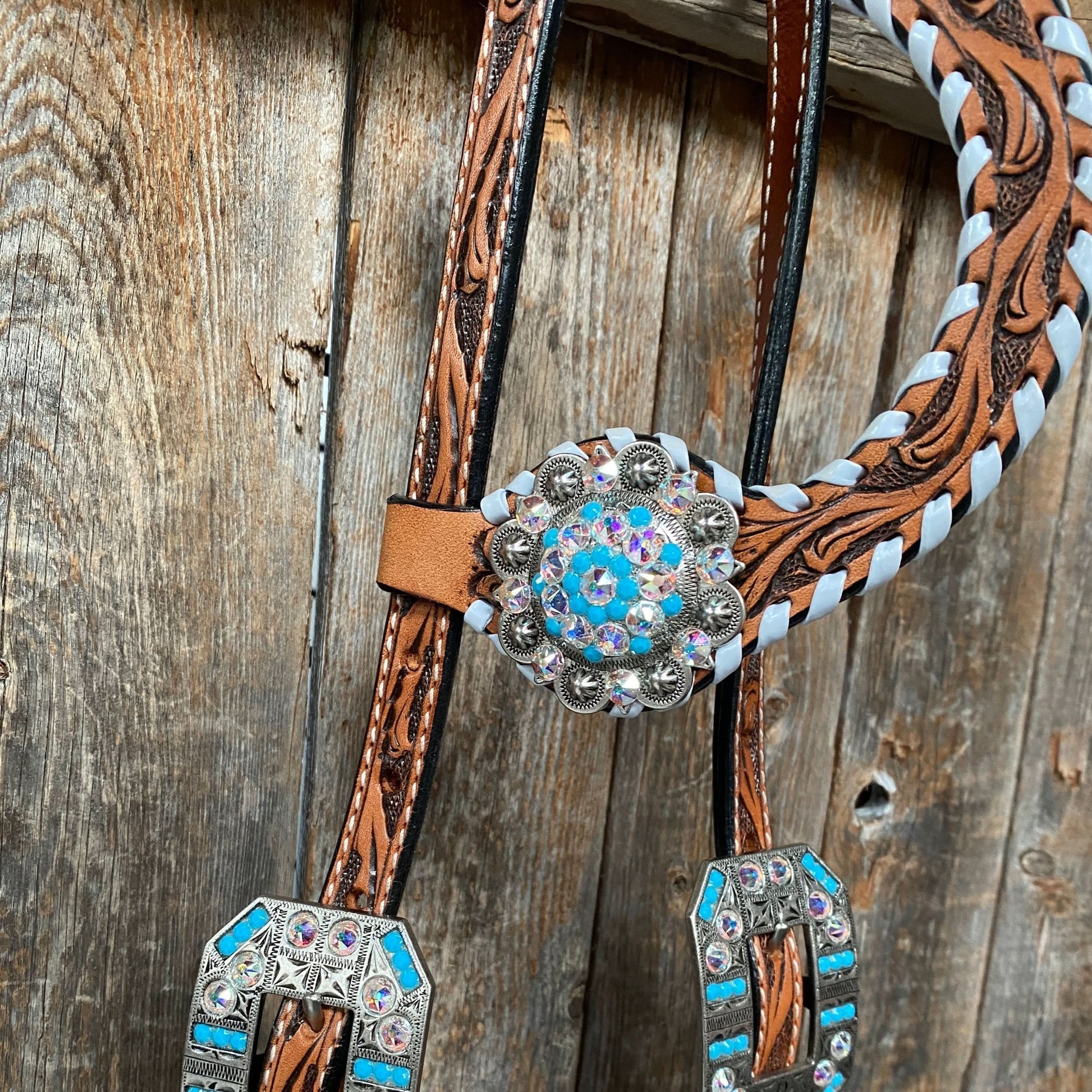 Whipstitch Turquoise & AB Browband/One Ear Tack Set with Wither Strap  #BBBC463