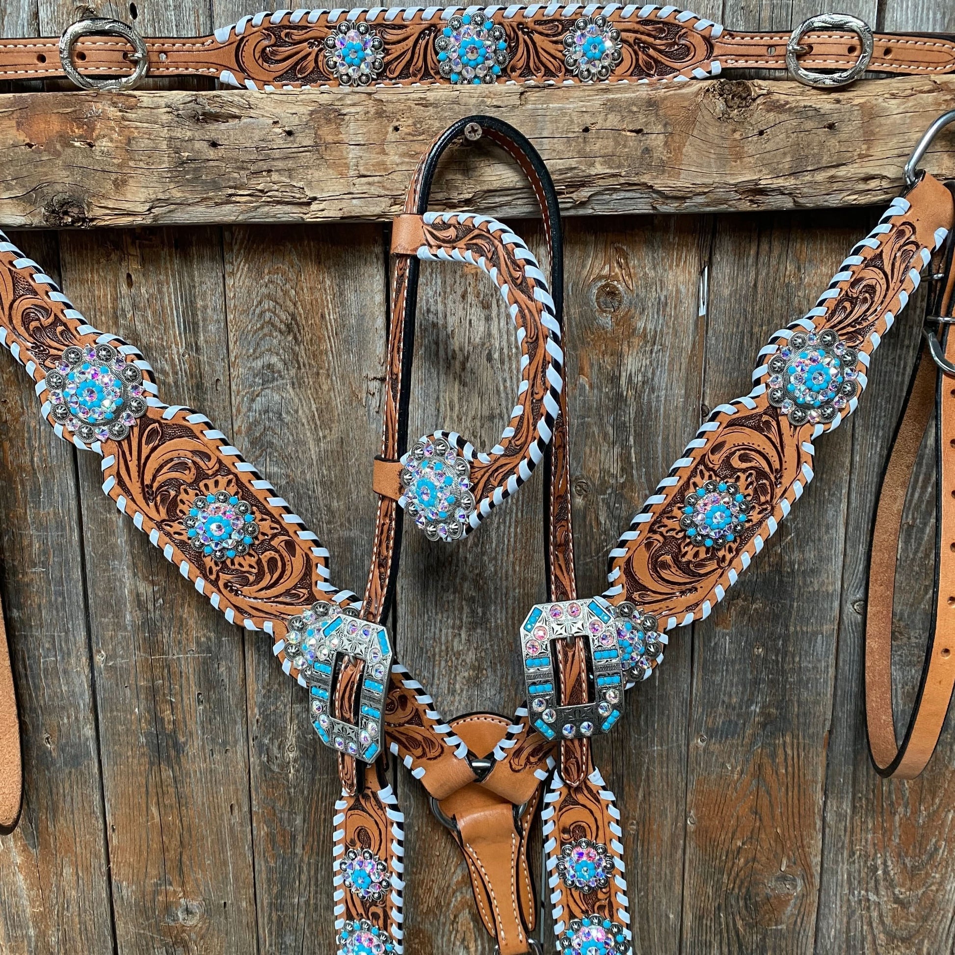 Whipstitch Turquoise & AB Browband/One Ear Tack Set with Wither Strap  #BBBC463