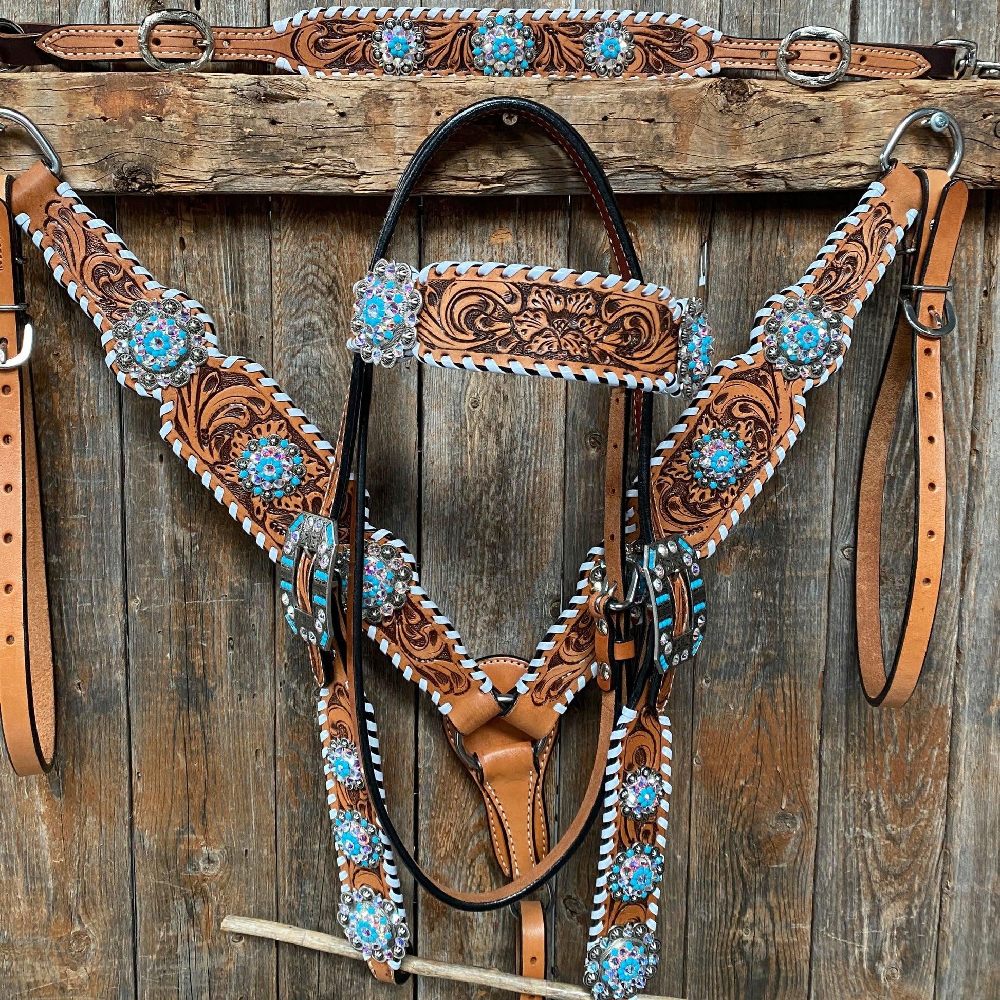 Whipstitch Turquoise & AB Browband/One Ear Tack Set with Wither Strap  #BBBC463