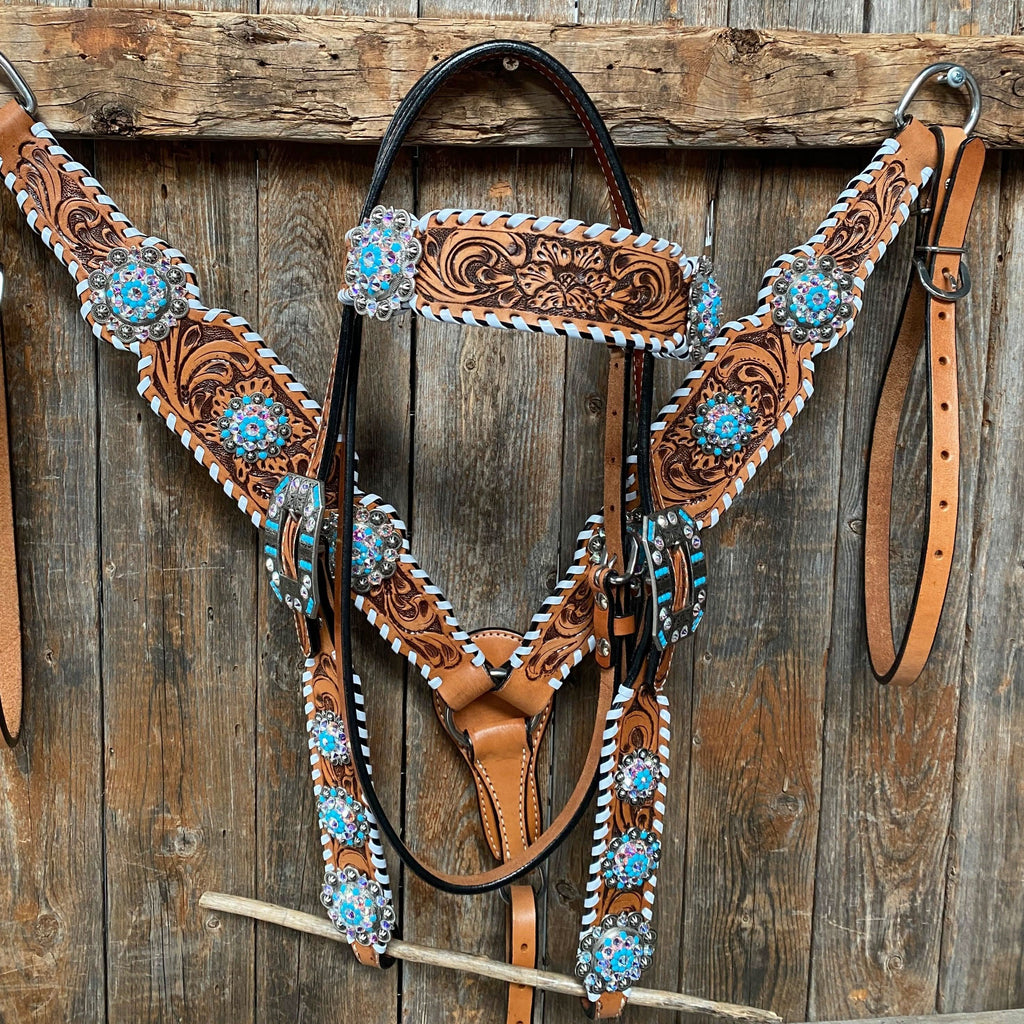 Whipstitch Turquoise & AB Browband/One Ear Tack Set with Wither Strap  #BBBC463