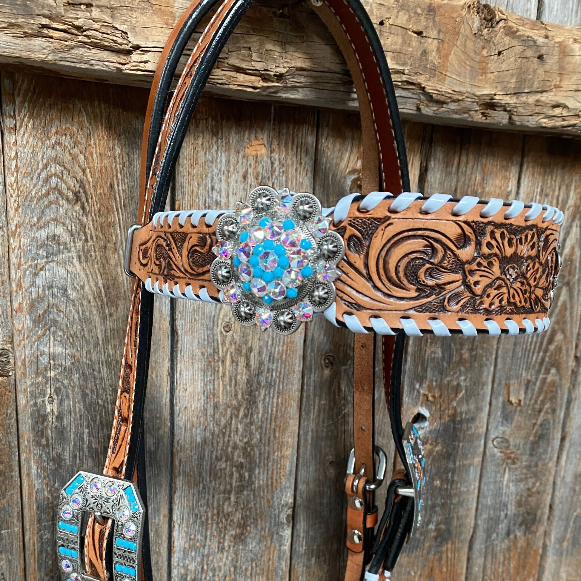 Whipstitch Turquoise & AB Browband/One Ear Tack Set with Wither Strap  #BBBC463