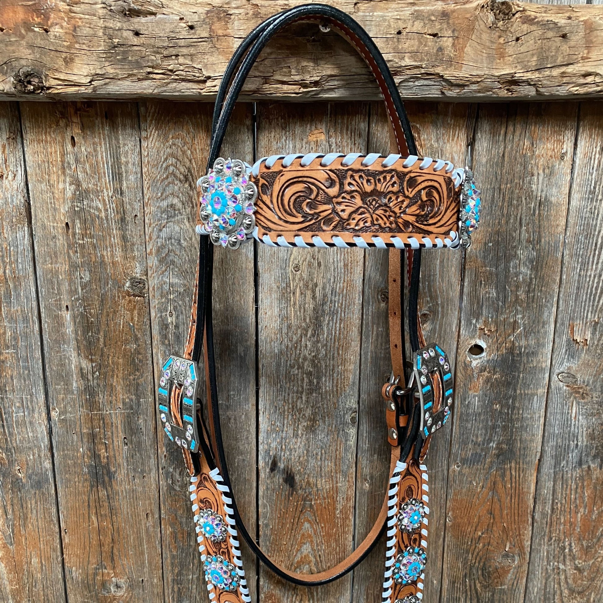 Whipstitch Turquoise & AB Browband/One Ear Tack Set with Wither Strap  #BBBC463