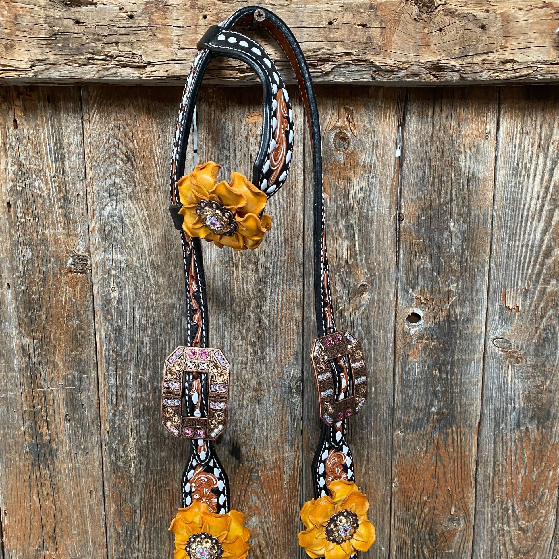 Classic Yellow and Pink Browband/One Ear Tack Set with Wither Strap  #BBBC464