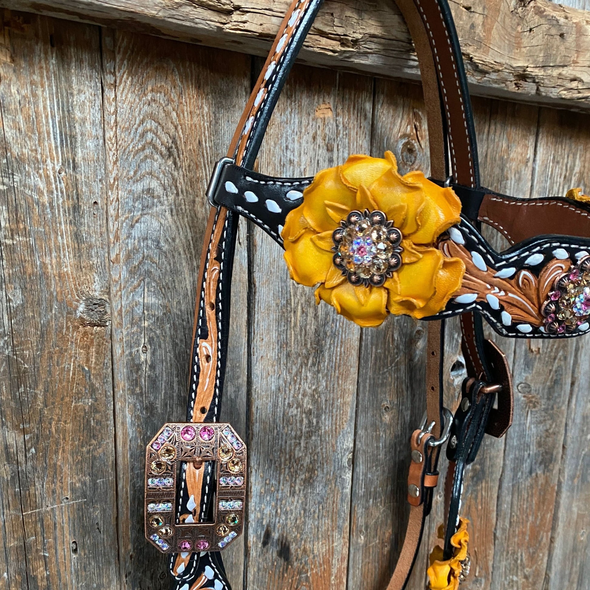 Classic Yellow and Pink Browband/One Ear Tack Set with Wither Strap  #BBBC464