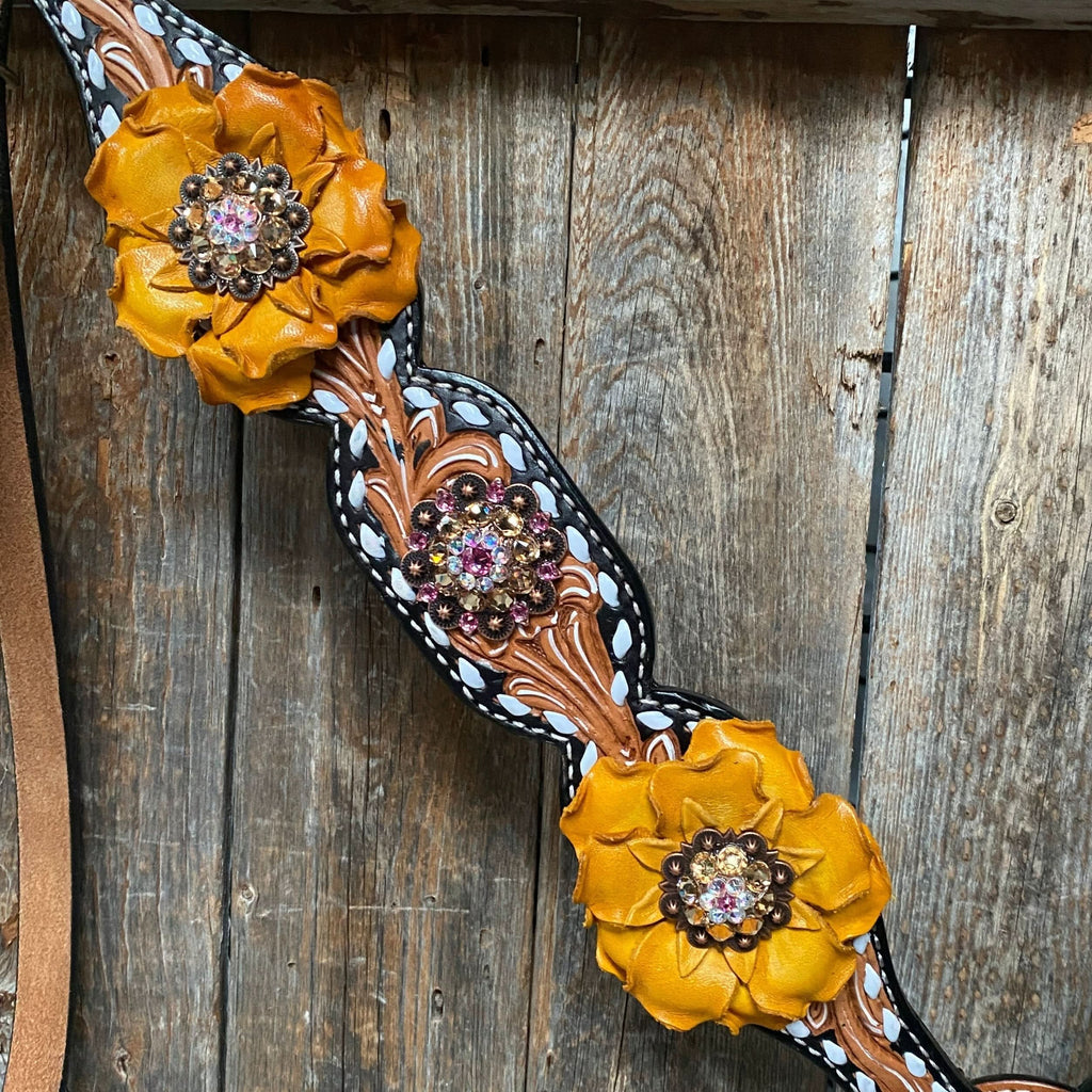 Classic Yellow and Pink Browband/One Ear Tack Set with Wither Strap  #BBBC464