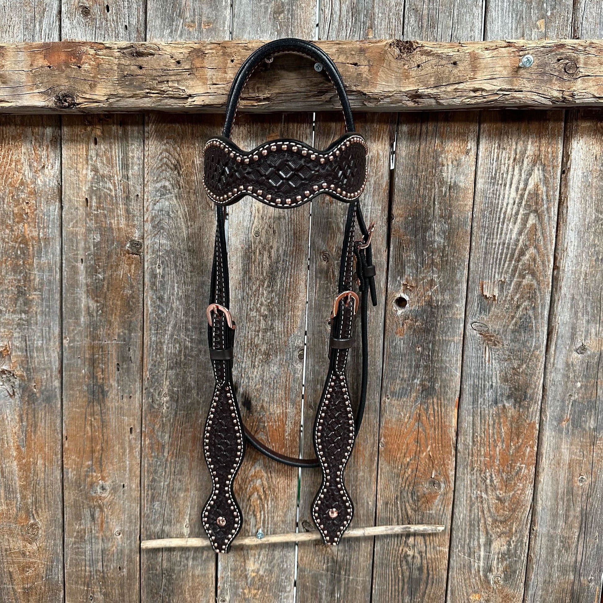 Dark Oil Honeycomb Tooled with Copper Dots Browband Headstall / Bridle
