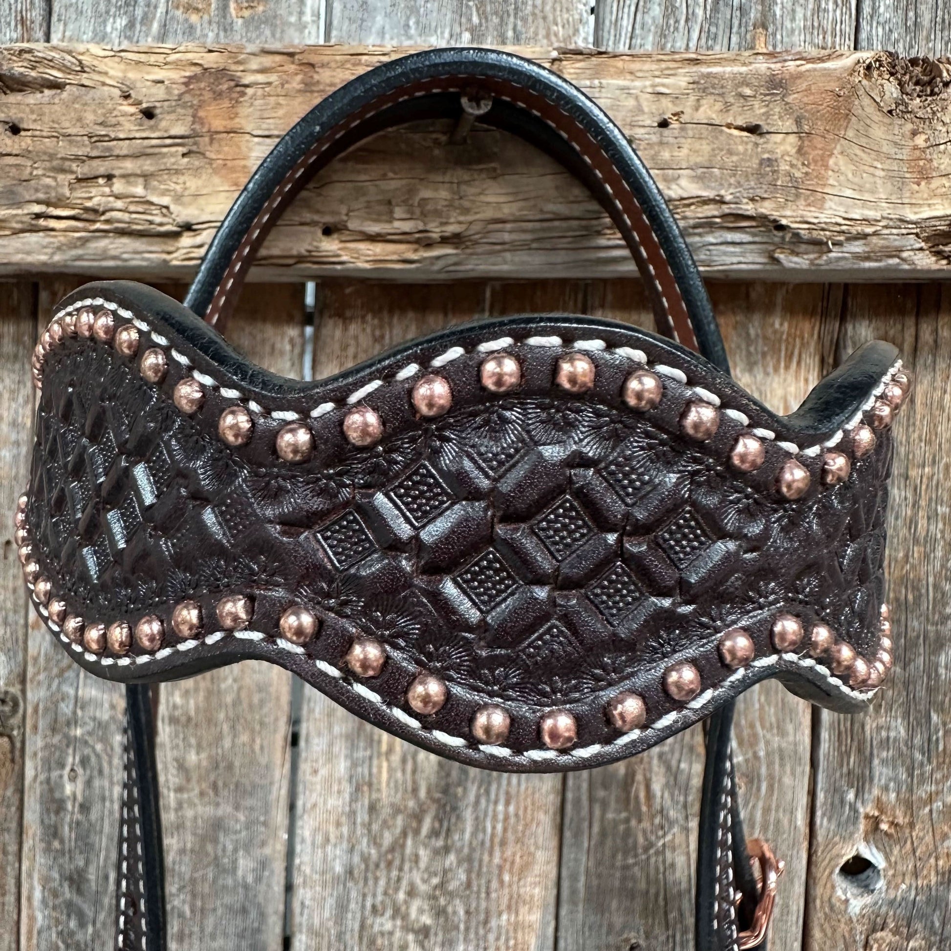 Dark Oil Honeycomb Tooled with Copper Dots Browband Headstall / Bridle