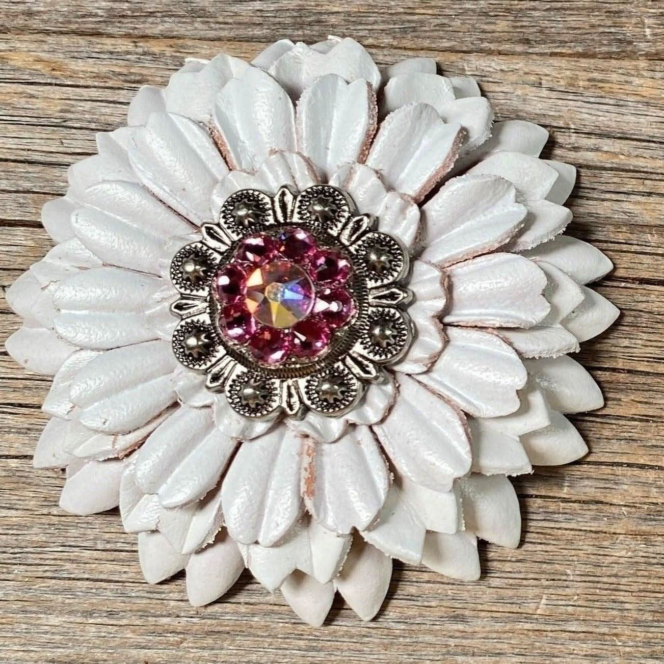 White Daisy Flower With Antique Silver Pink & AB 1" Concho