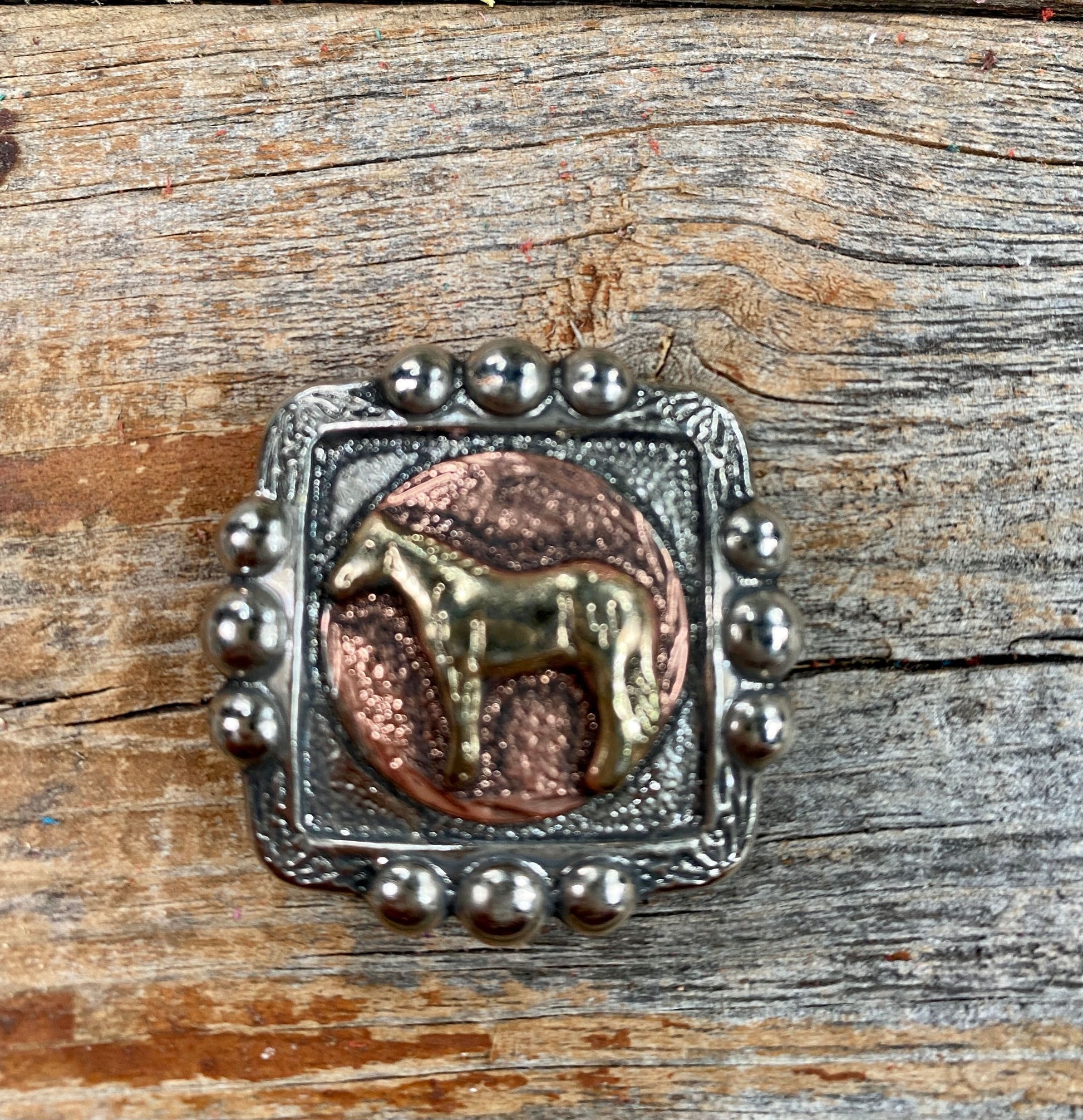 Antique Silver Square Concho with Gold Horse 1" W186S