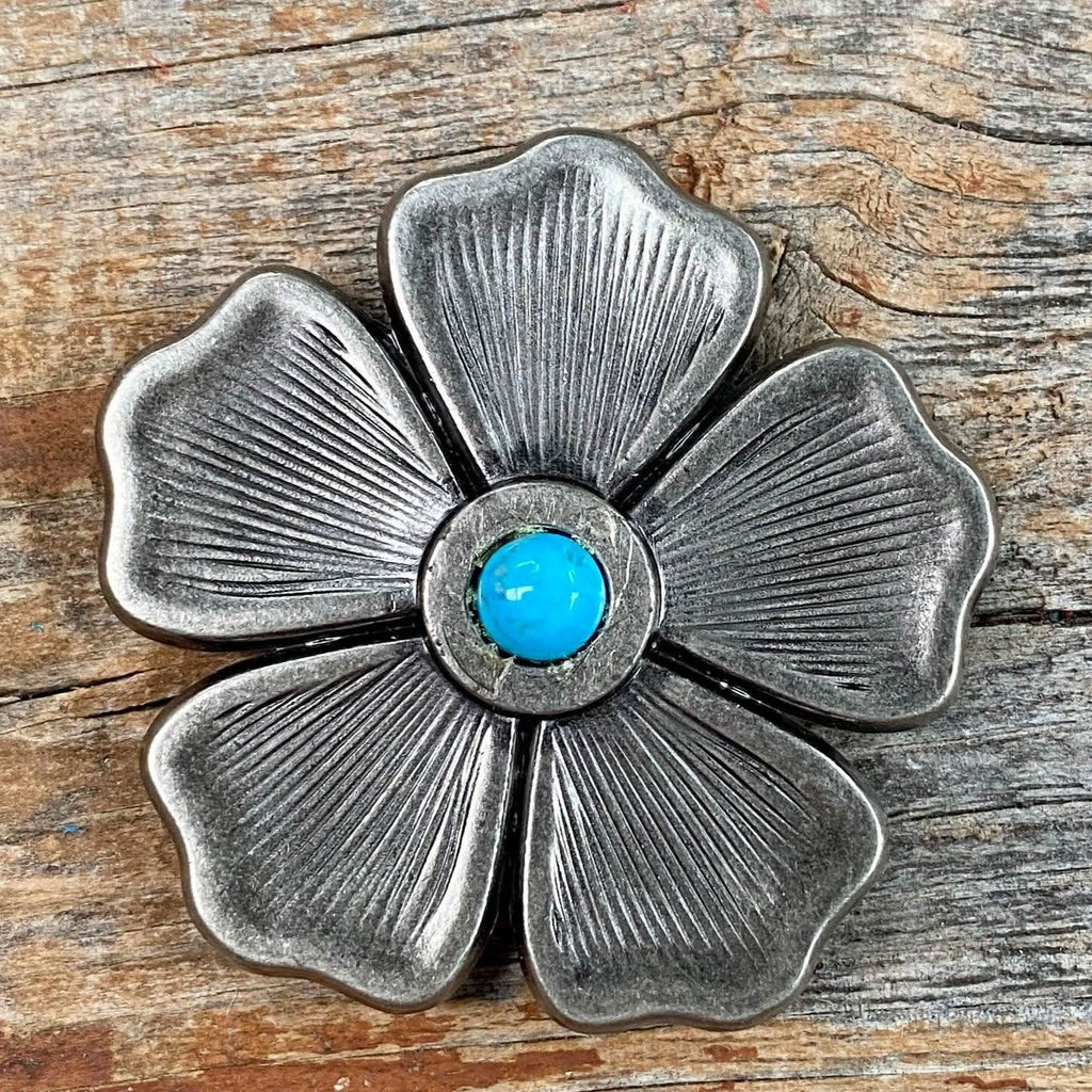 Antique Silver Flower Turquoise Concho 2"  W110L