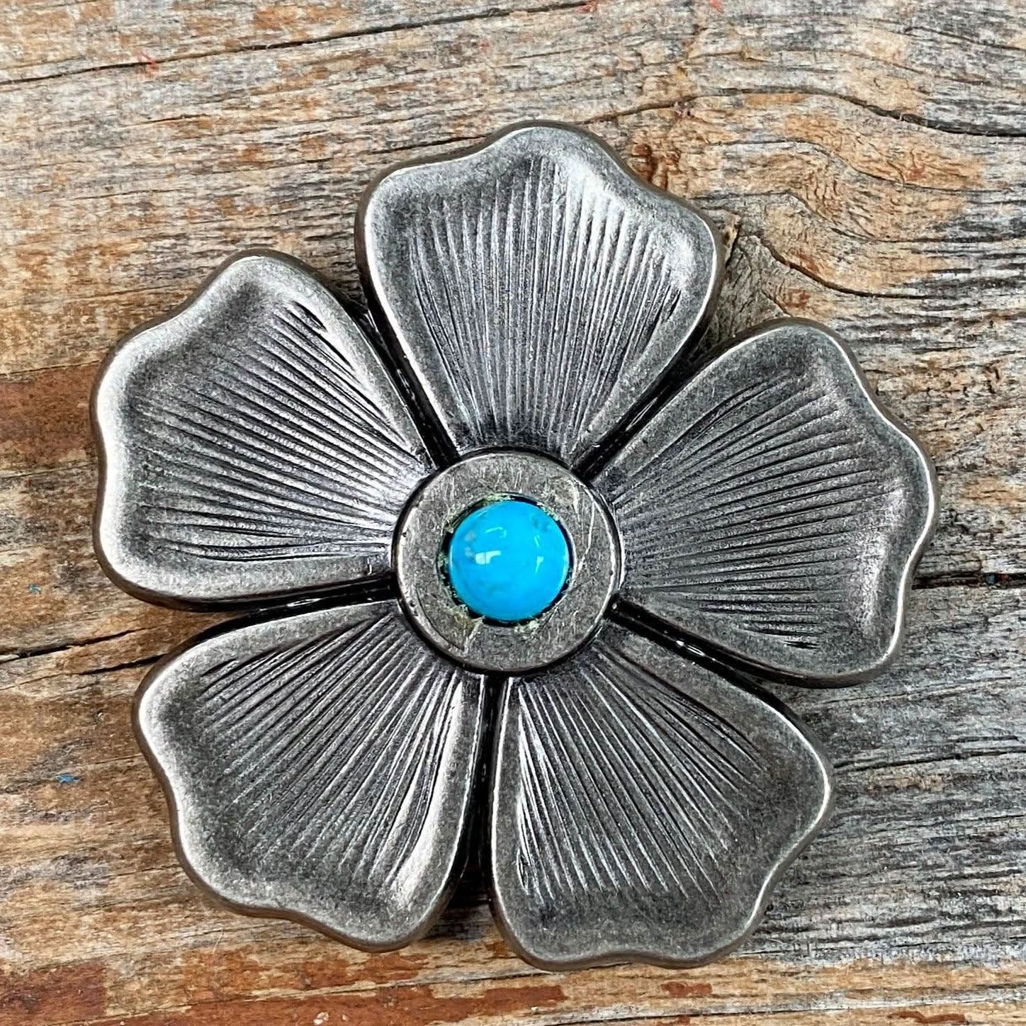 Antique Silver Flower Turquoise Concho 2"  W110L