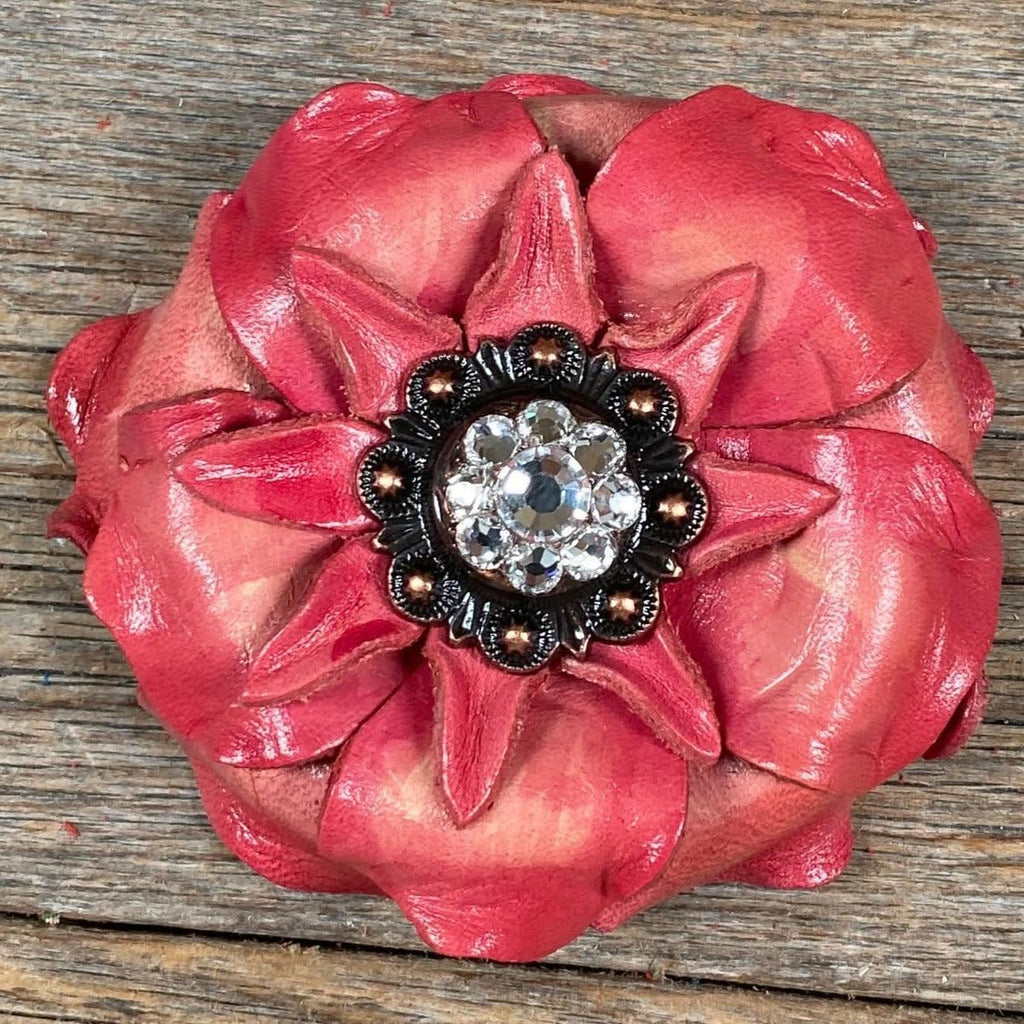 Pink Gardenia Leather Flowers - 1" Crystal Conchos - Options