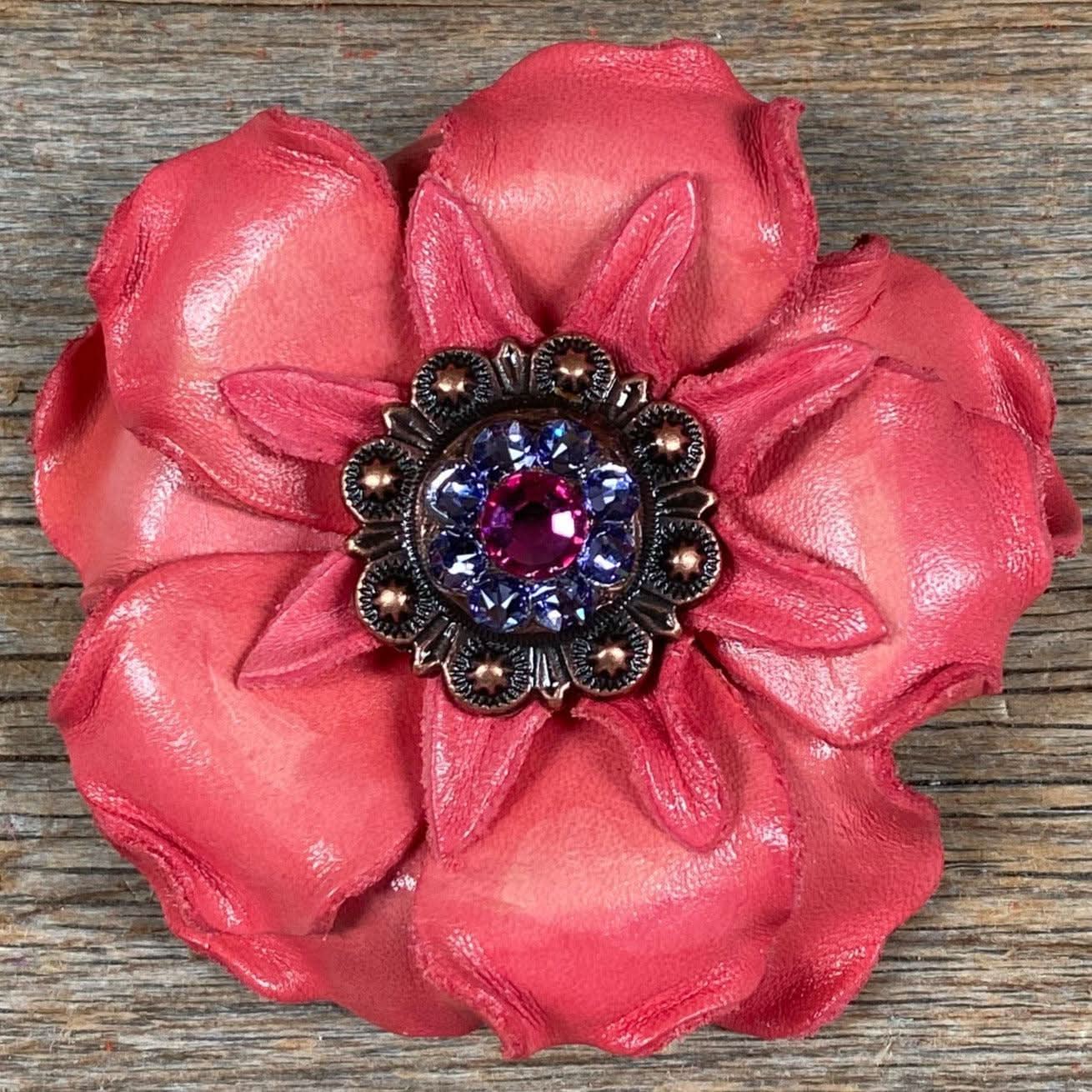 Pink Gardenia Leather Flowers - 1" Crystal Conchos - Options