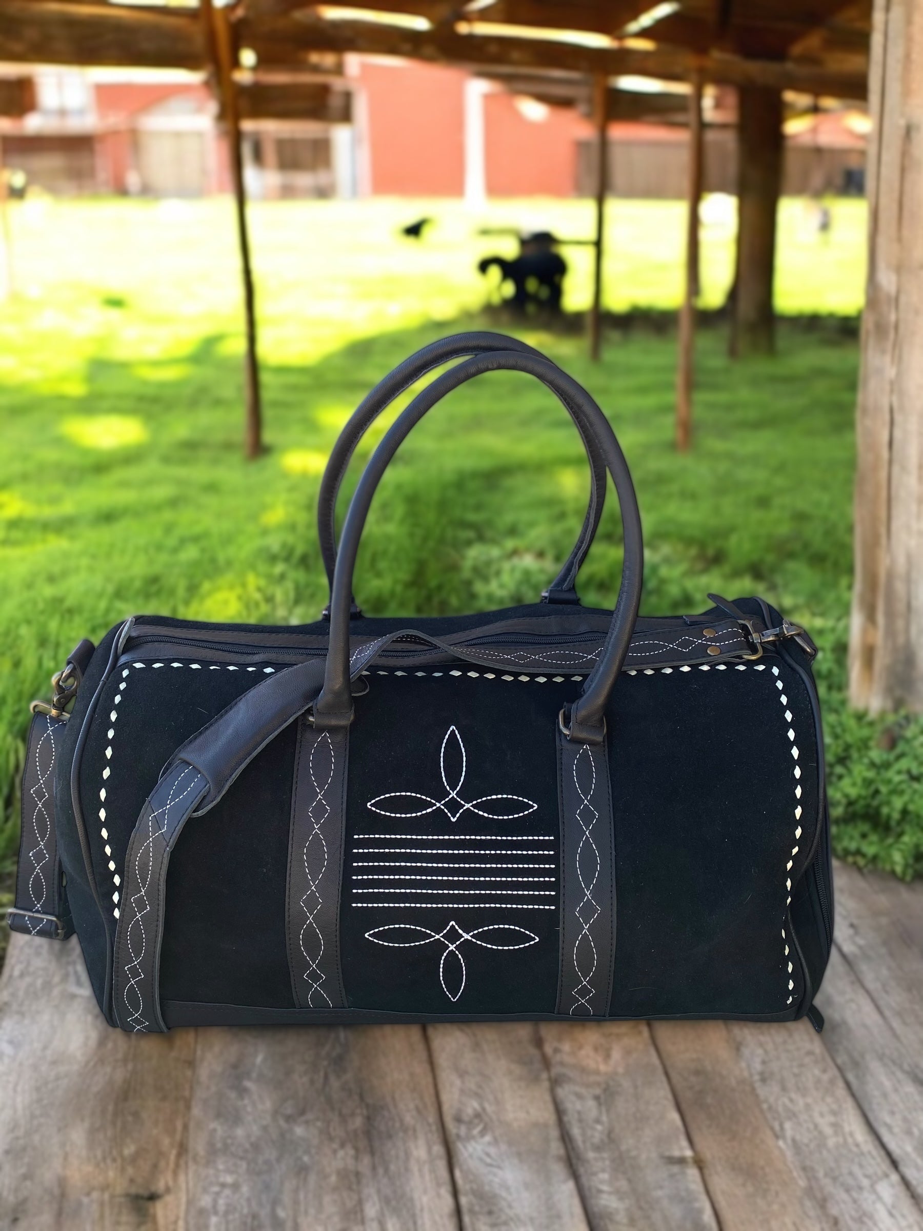 Black BootStitch Suede Leather Duffle Bag