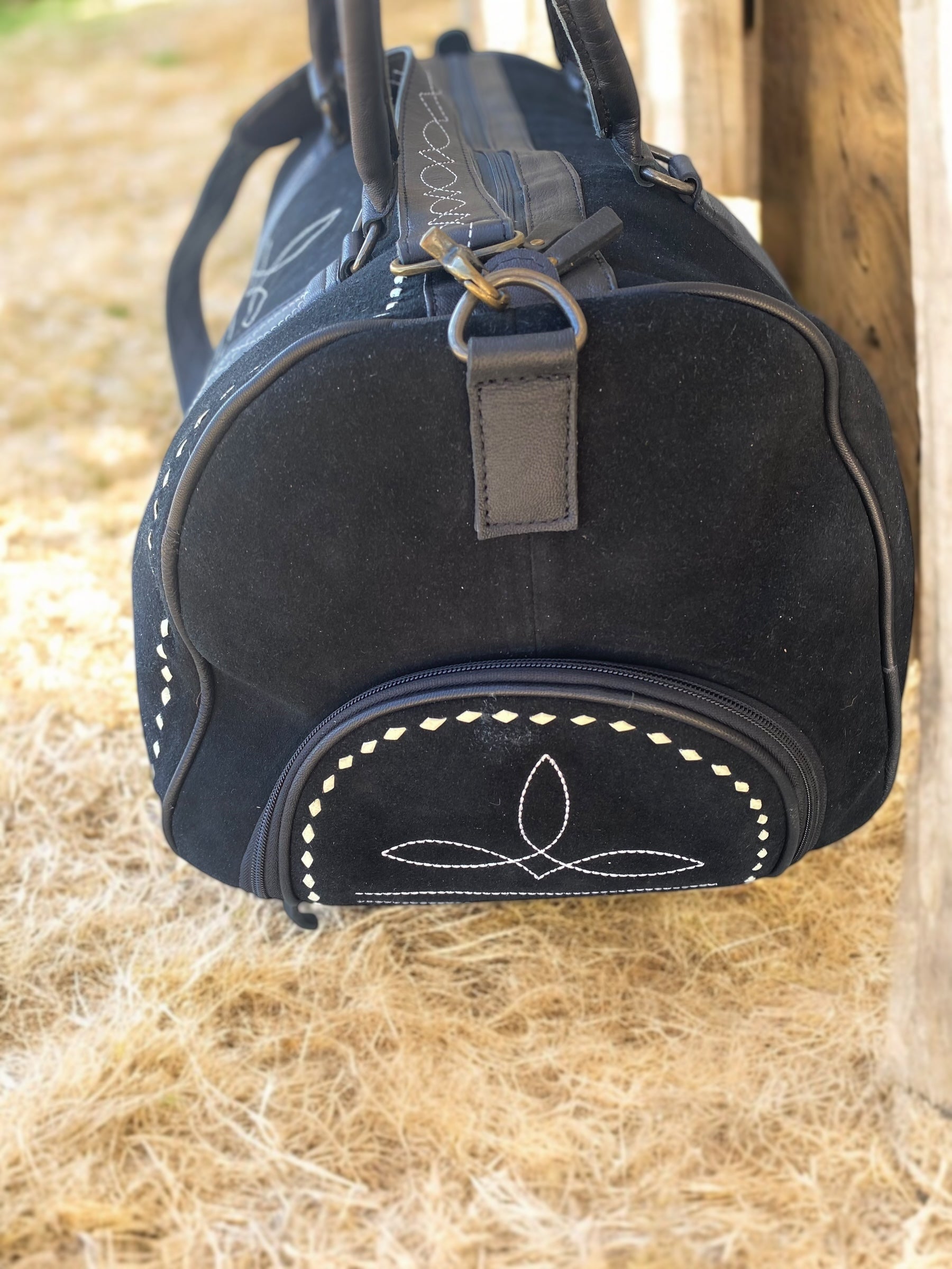 Black BootStitch Suede Leather Duffle Bag