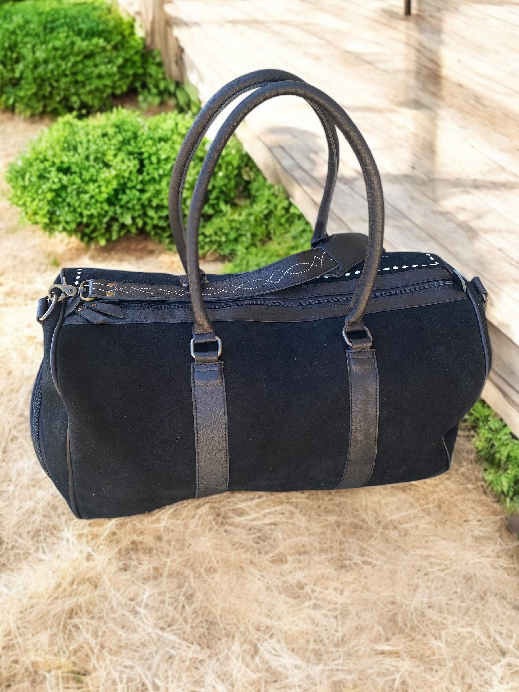 Black BootStitch Suede Leather Duffle Bag