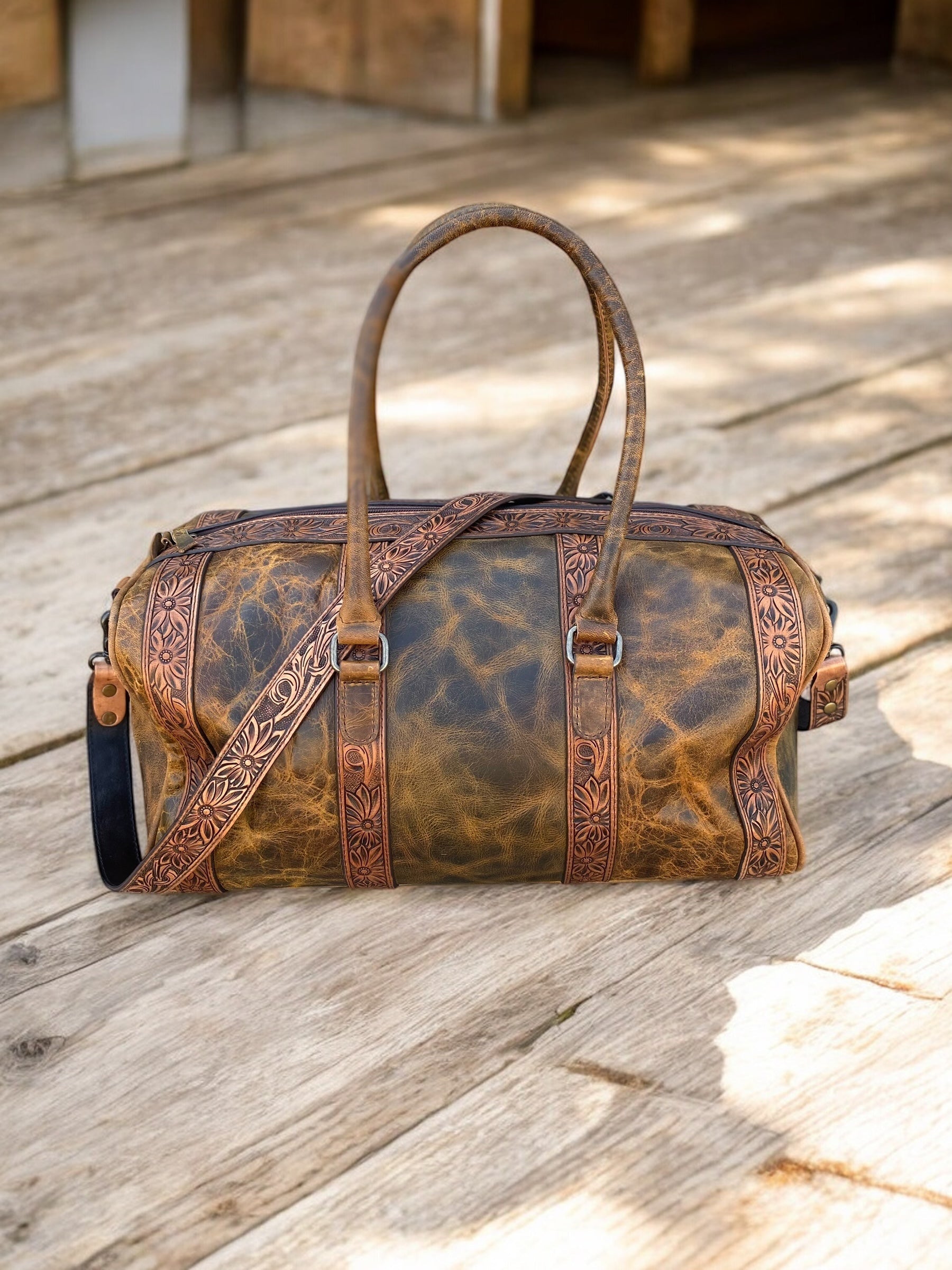 Tooled Leather Vintage Duffle Bag