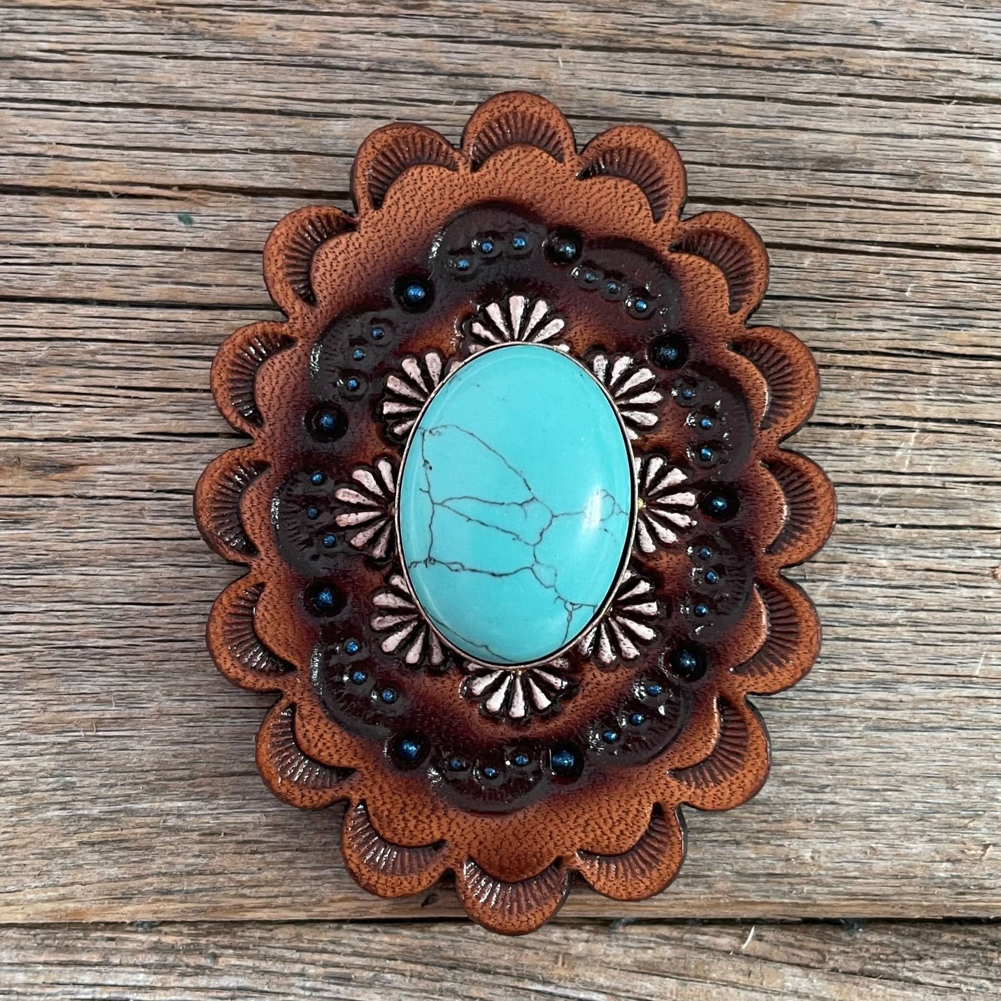 Turquoise Cabochon Stone - Leather Rosette Options -