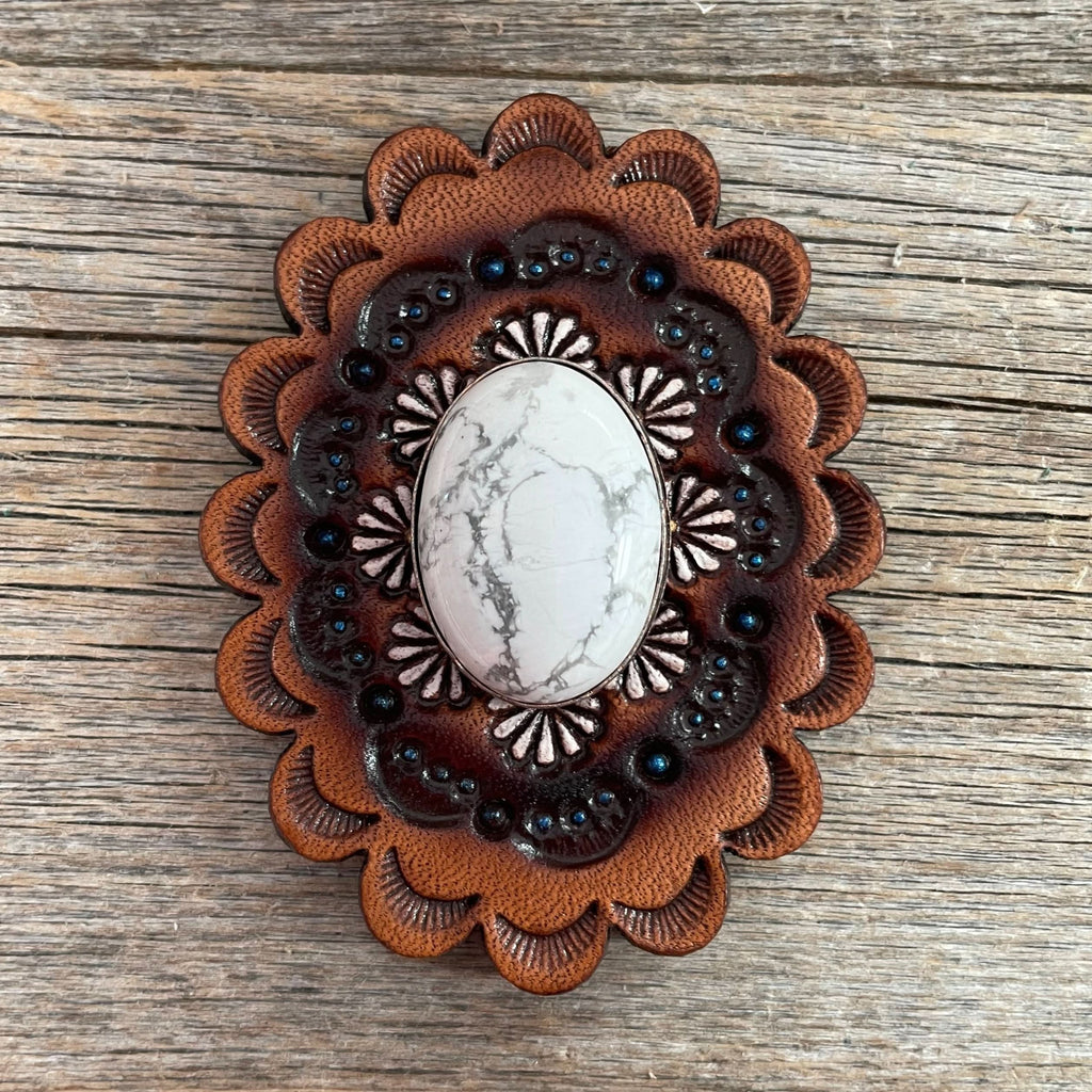 White Cabochon Stone - Leather Rosette Options -