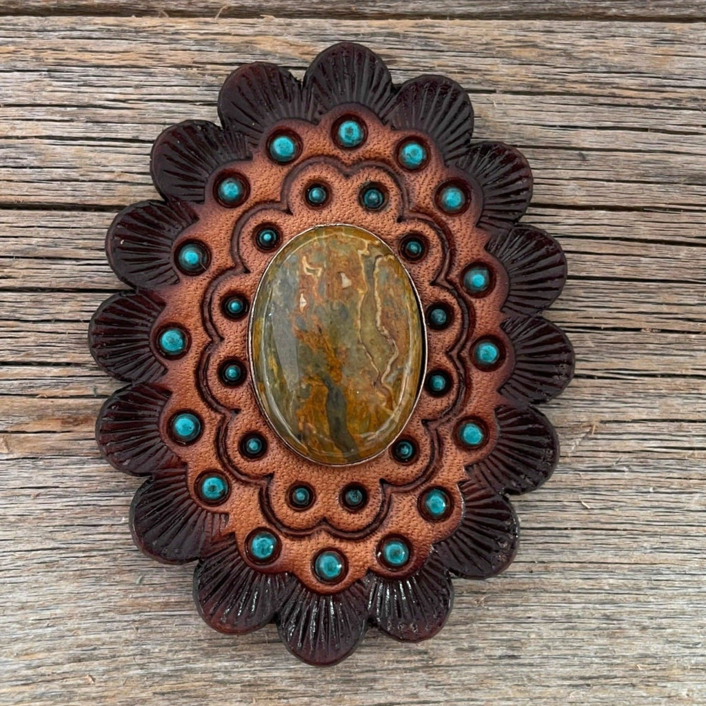 Leather Rosette Dark Oil Edges with Sage Cabochon Western Concho R104CABSG