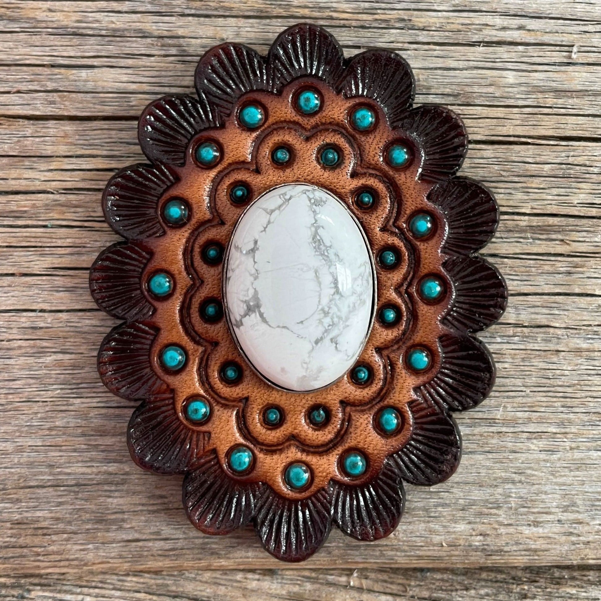 Leather Rosette Dark Oil Edges with White Cabochon Western Concho R104CABWT