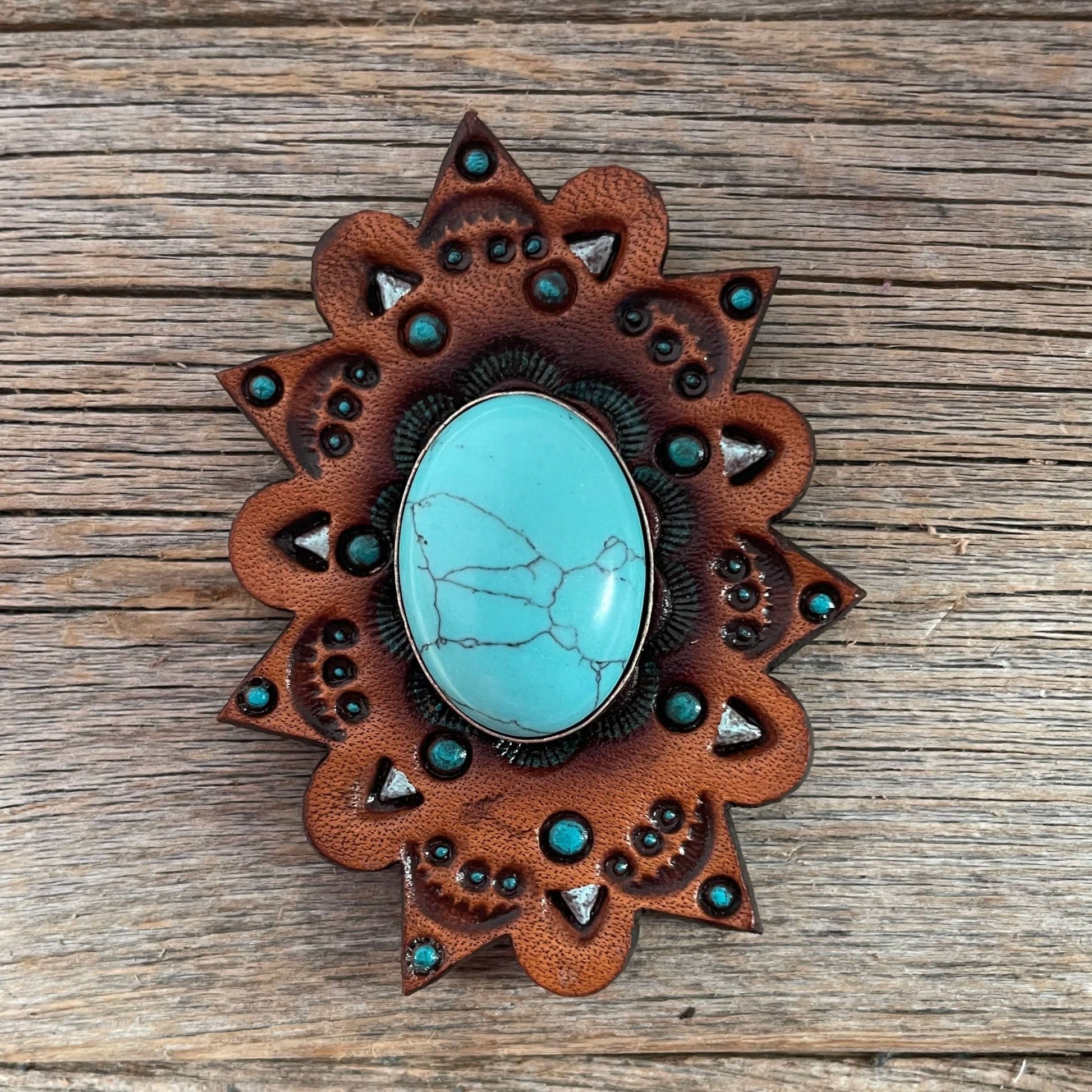 Turquoise Cabochon Stone - Leather Rosette Options -