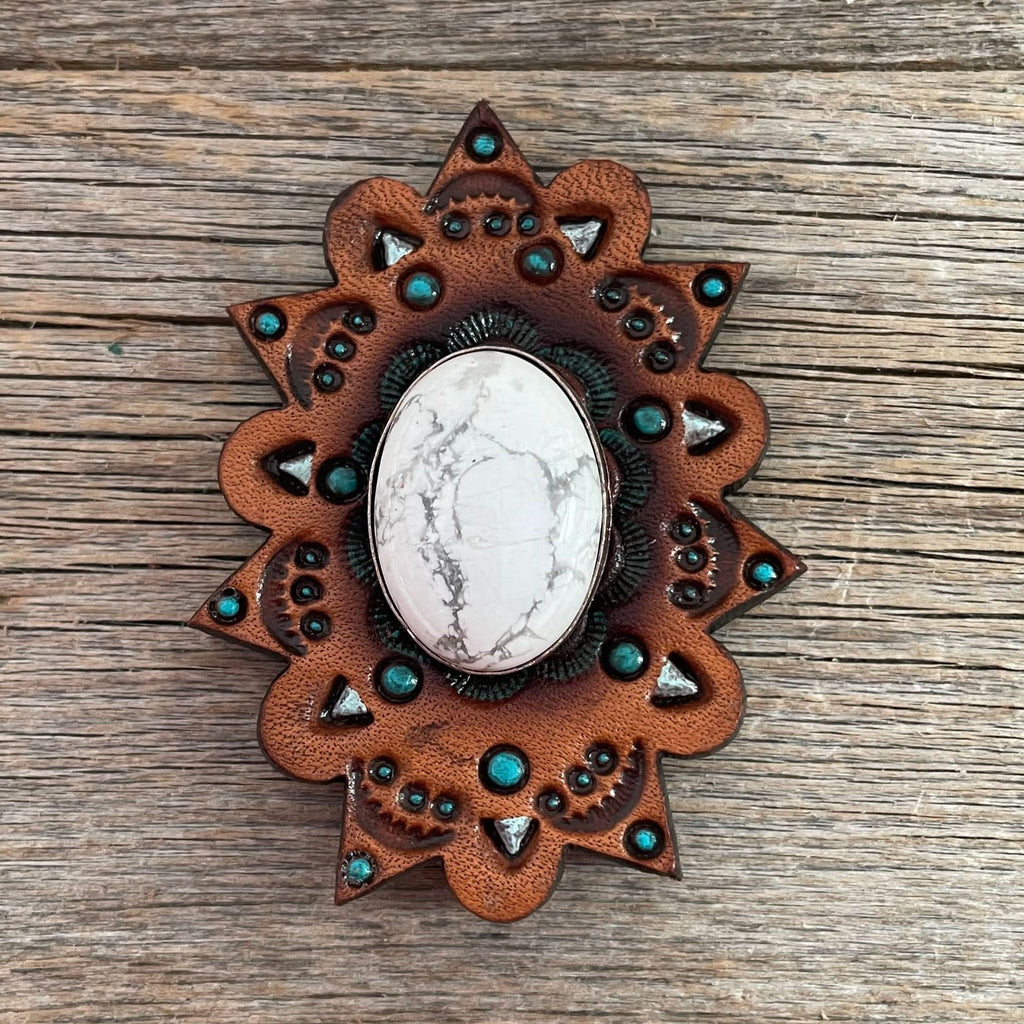 White Cabochon Stone - Leather Rosette Options -