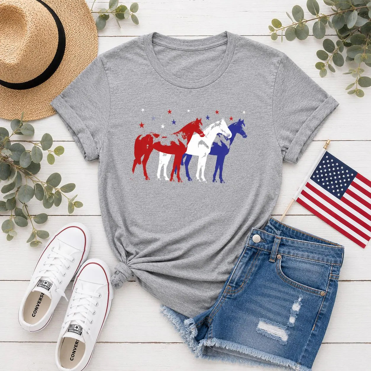 Red White and Blue Horses Adult T-Shirt