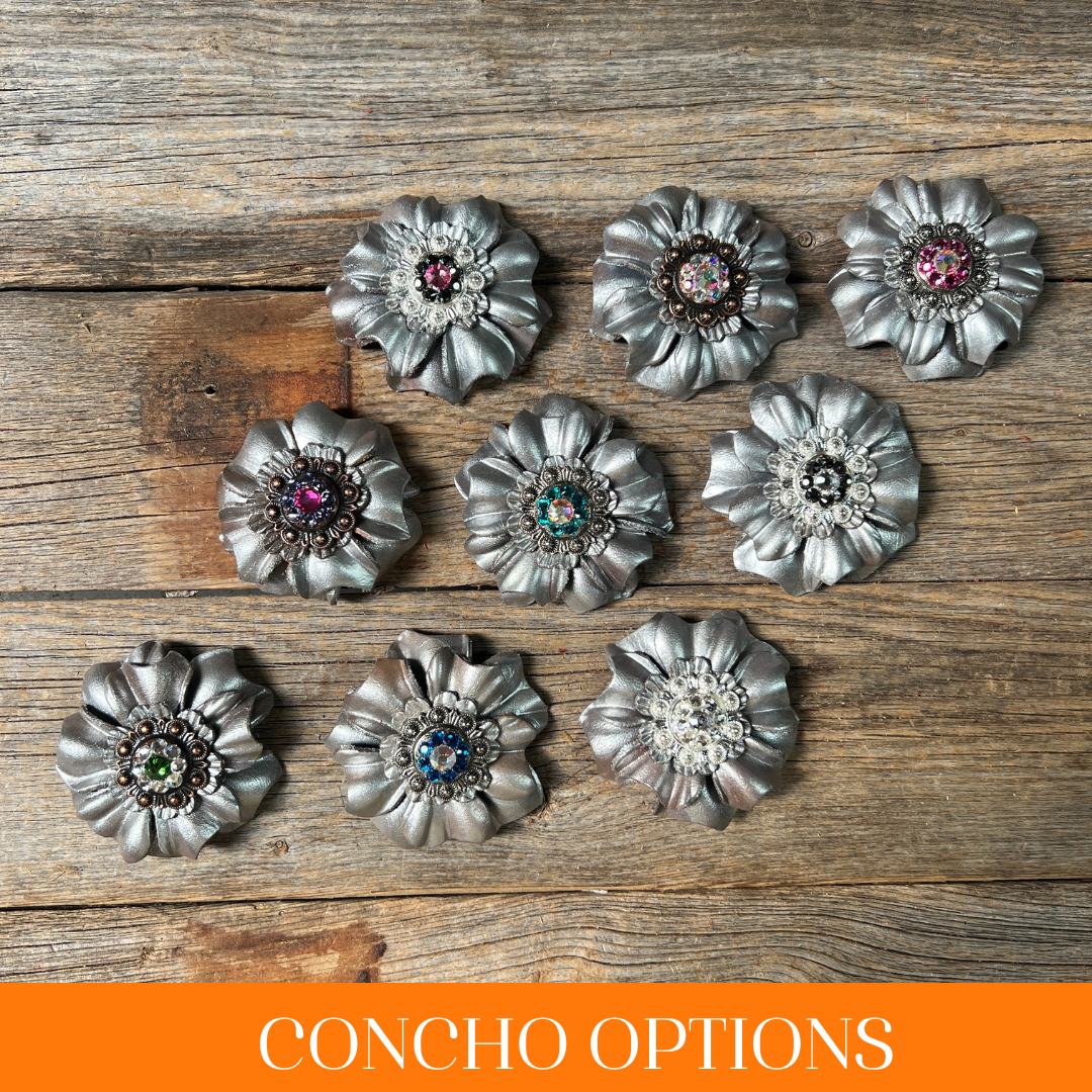 Silver Carnations Leather Flowers - 1" Crystal Conchos - Options