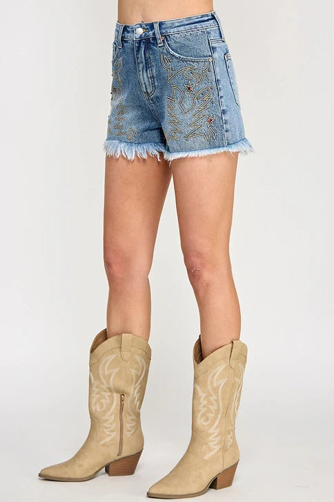 Saige High Rise Western Embroidery Shorts with Studs